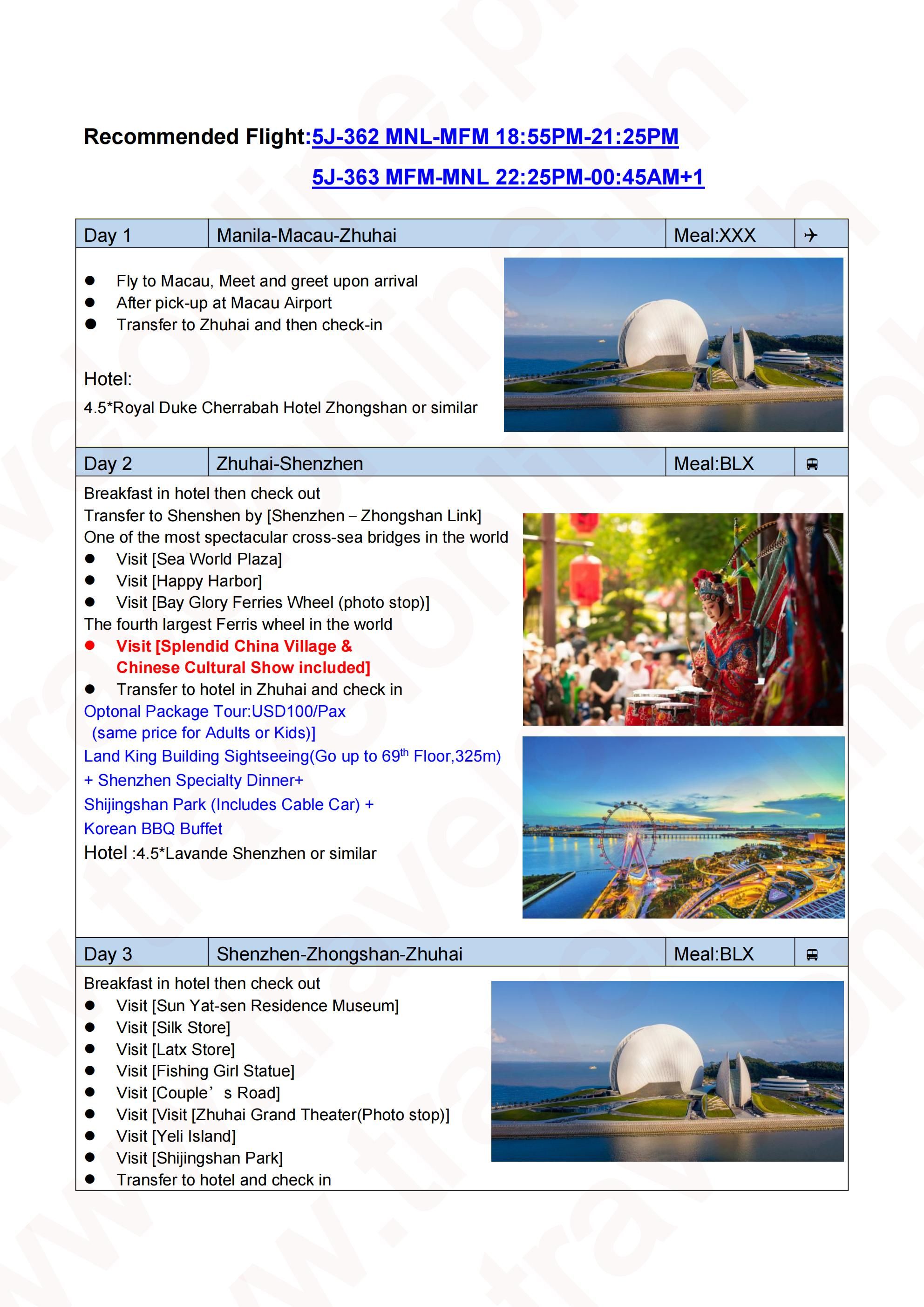 Hongkong-Macau-Shenzhen- Splendid China Village-Zhuhai 5D4N Package: AS LOW AS $299/PAX itinerary