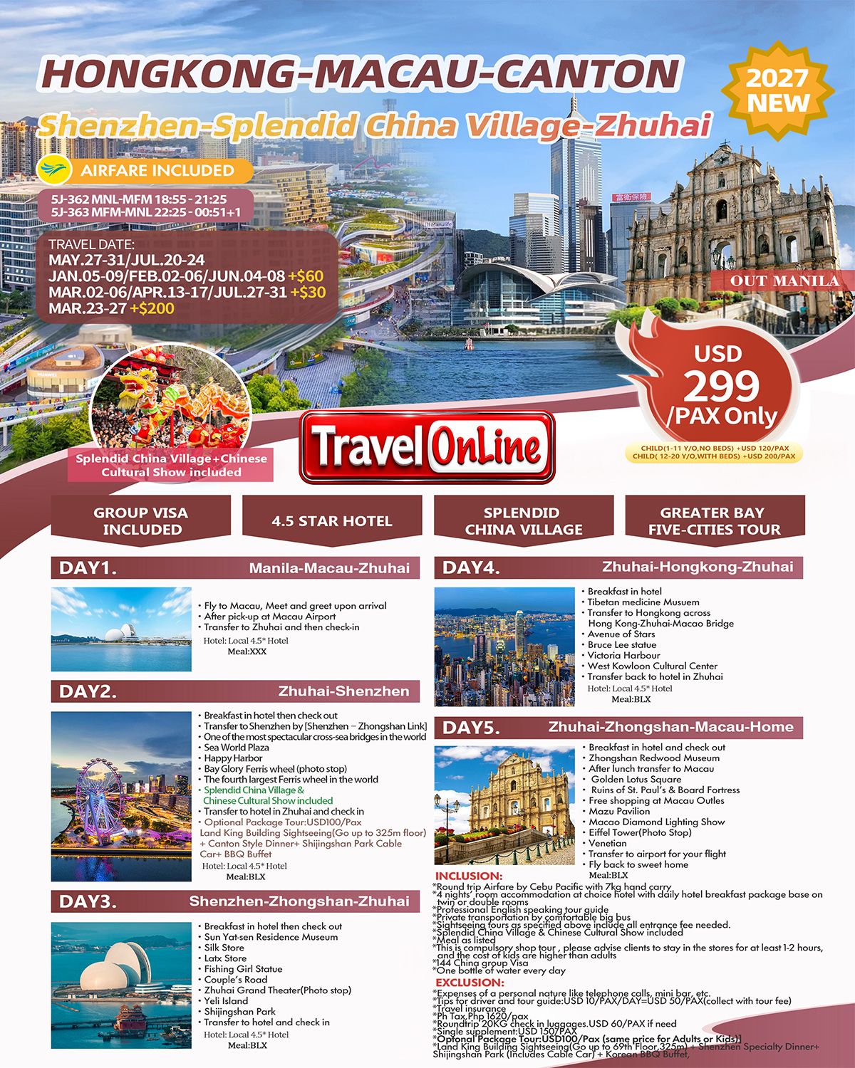 Hongkong-Macau-Shenzhen-Zhongshan-Zhuhai 5D4N All In Package:  AS LOW AS $299/PAX promo image