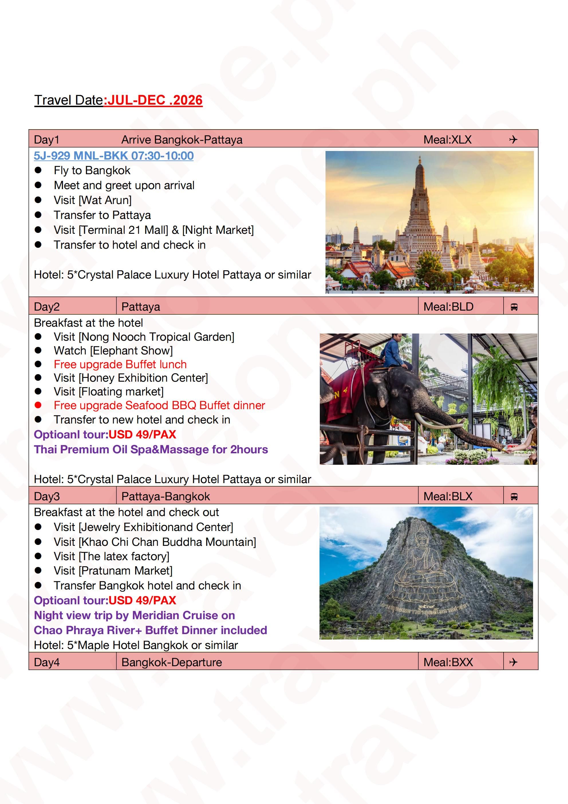 Five Star Thailand 4D3N Package: AS LOW AS $449/PAX itinerary