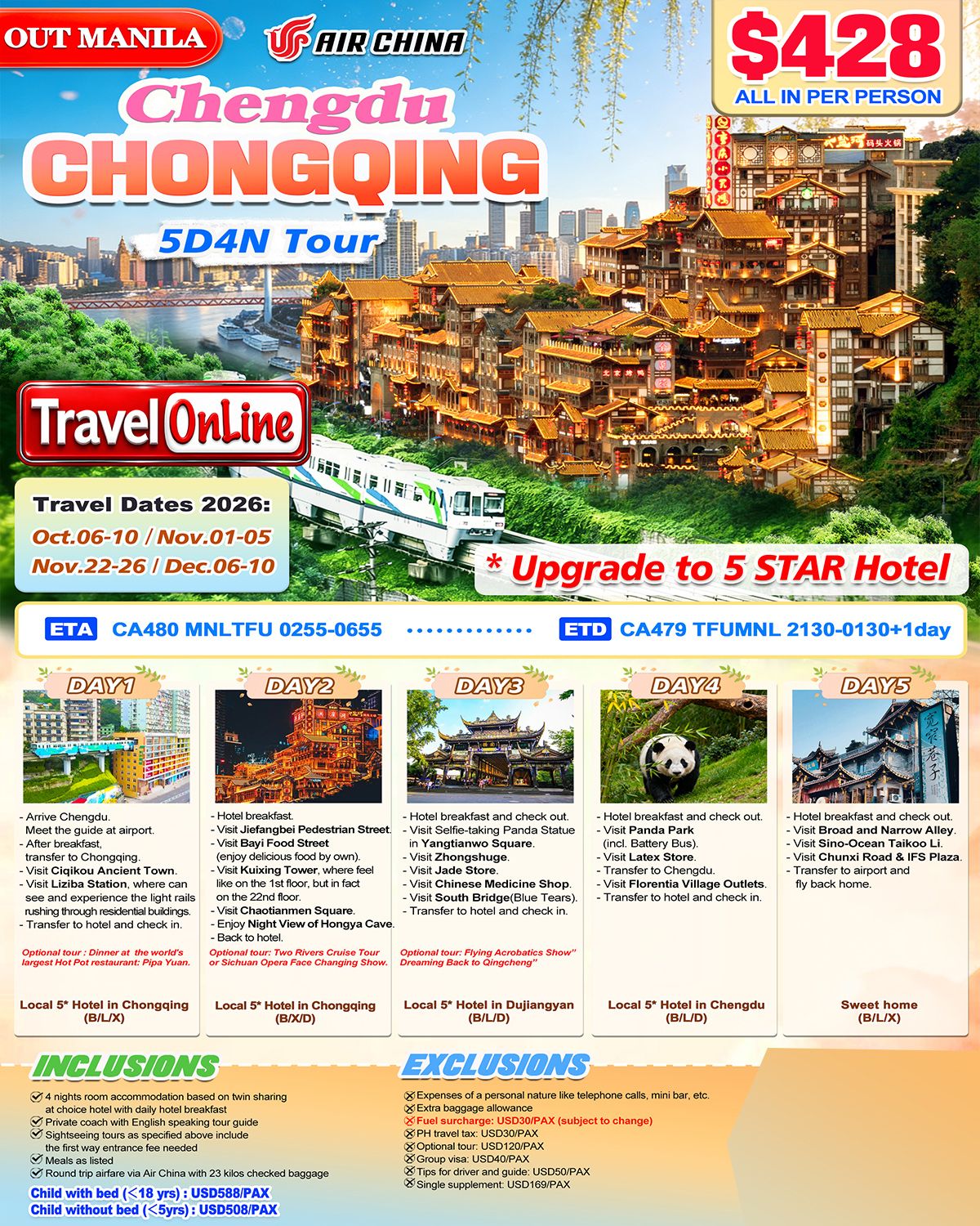 Chongqing+Chengdu 5D4N (CA), 5 Star Hotel: AS LOW AS $428/PAX promo image