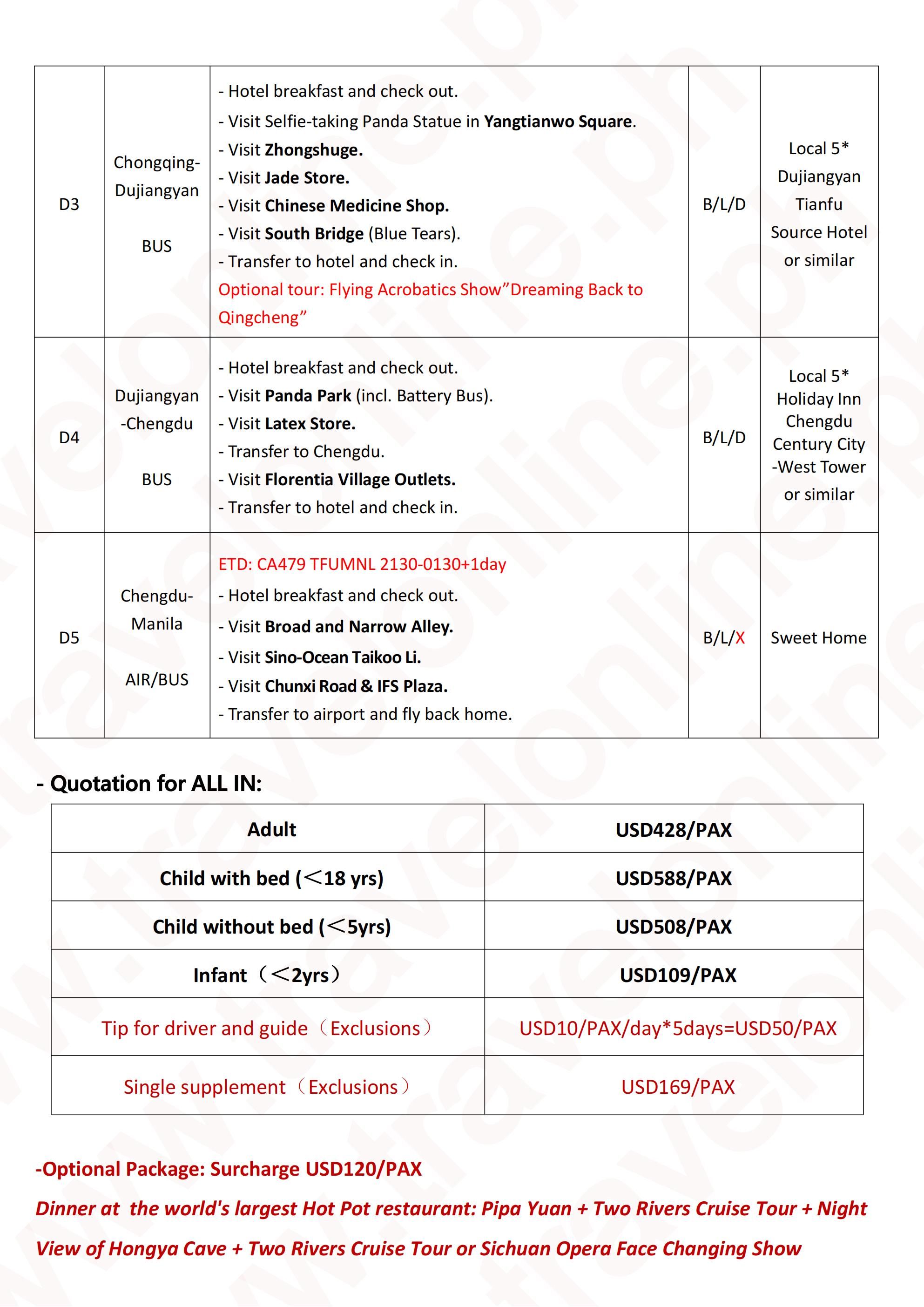 Chongqing+Chengdu 5D4N (CA), 5 Star Hotel: AS LOW AS $428/PAX itinerary