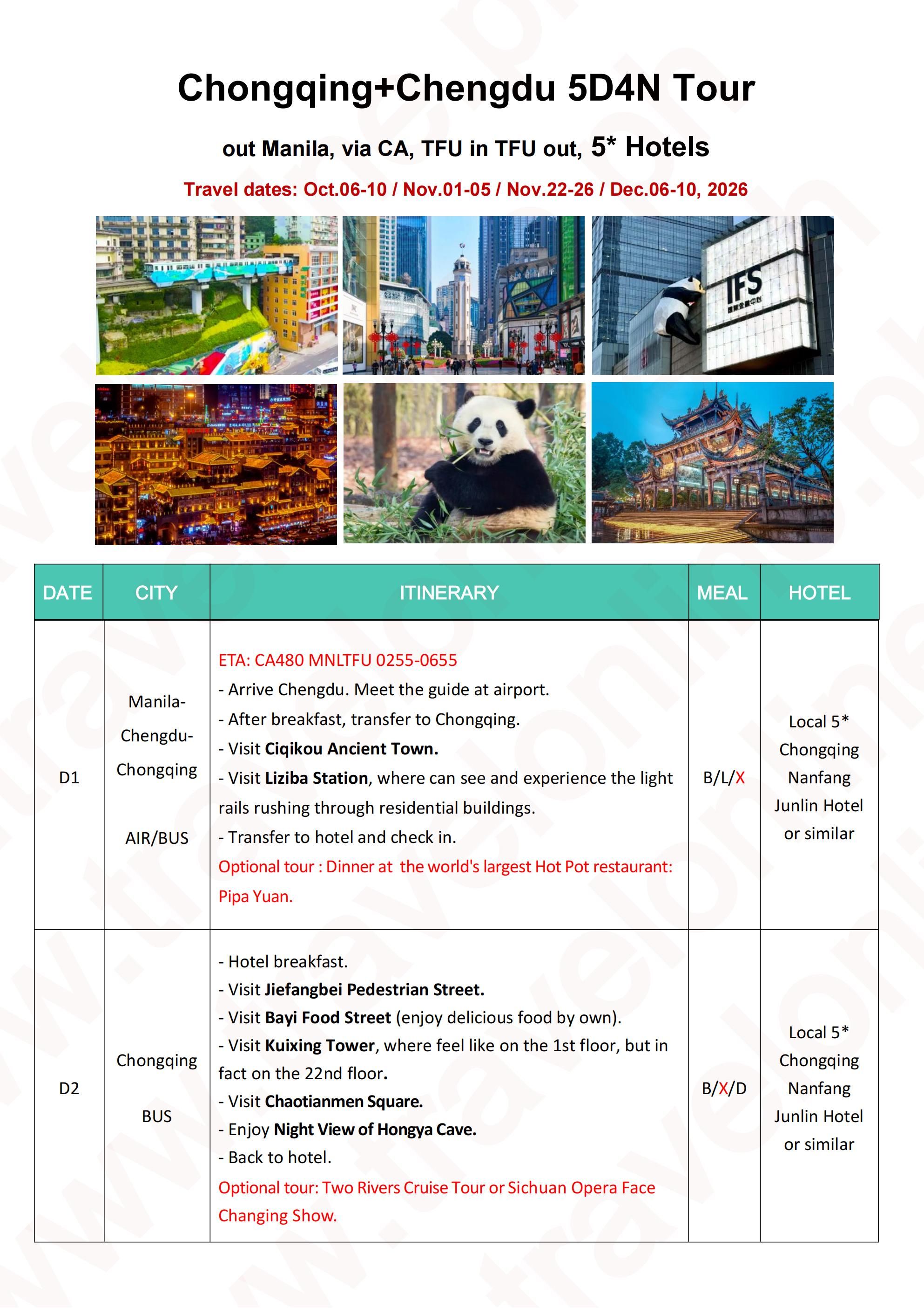 Chongqing+Chengdu 5D4N (CA), 5 Star Hotel: AS LOW AS $428/PAX itinerary