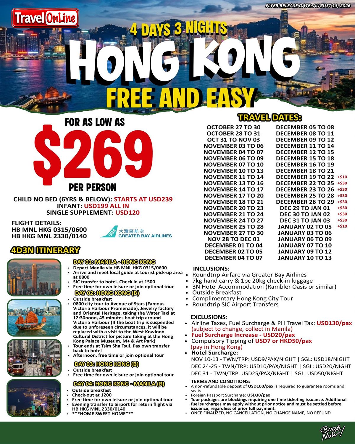 4D3N HONGKONG FREE AND EASY via GREATER BAY AIRLINES: AS LOW AS $399/PAX promo image
