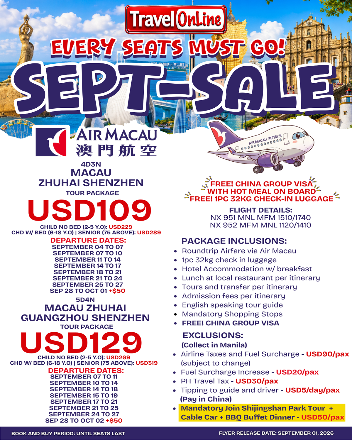SEPT-SALE(MACAU-ZHUHAI-GUANGZHOU-SHENZHEN): AS LOW AS $129/PAX promo image