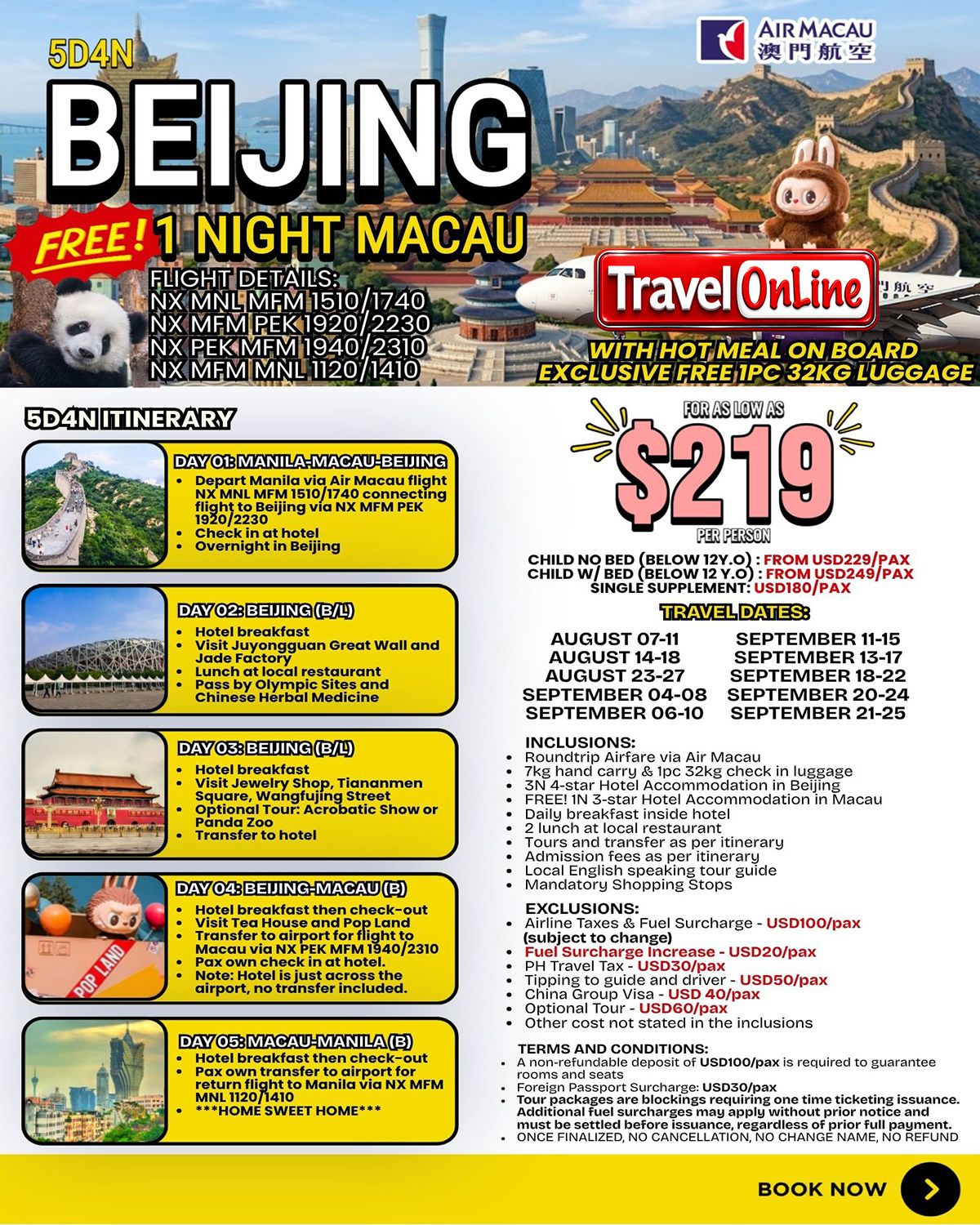 5D4N BEIJING MACAU AUG TO SEP: AS LOW AS $319/PAX promo image