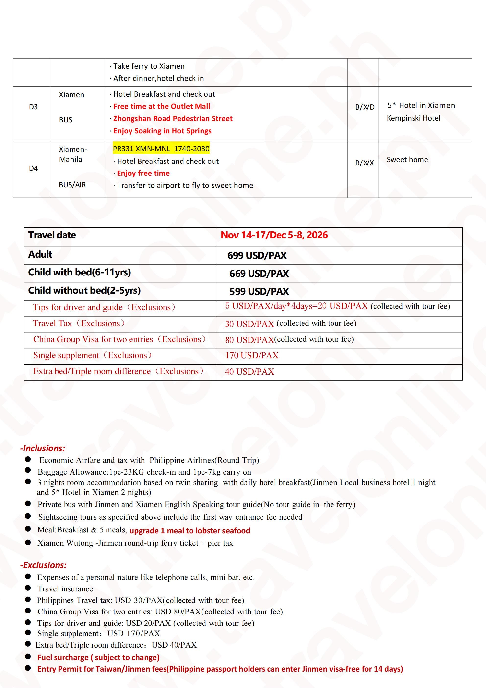 Manila-Jinmen (Taiwan) + Xiamen 4D3N, 2026: AS LOW AS $699/PAX itinerary