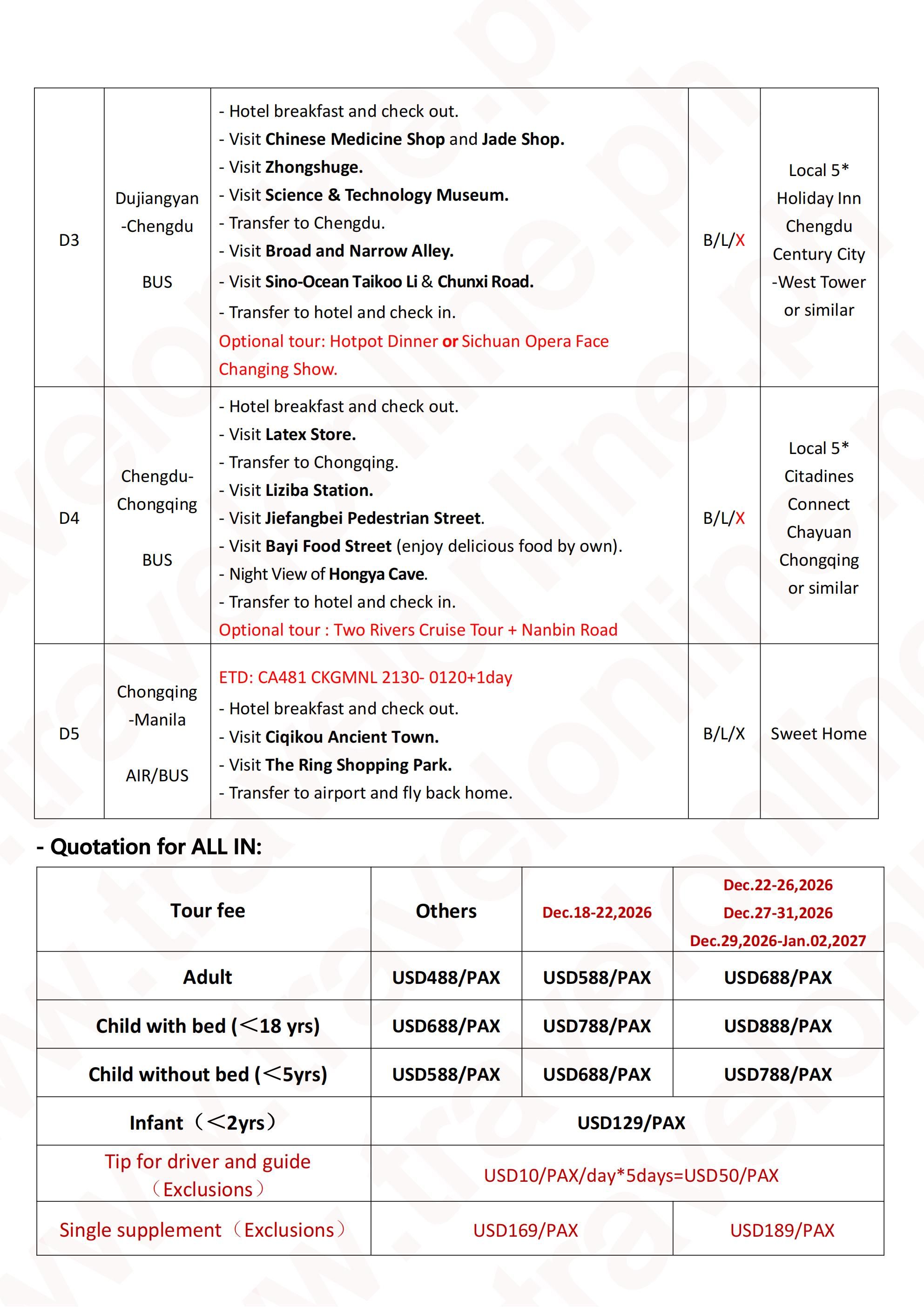 Chongqing+Chengdu 5D4N Skiing Tour: AS LOW AS $488/PAX itinerary