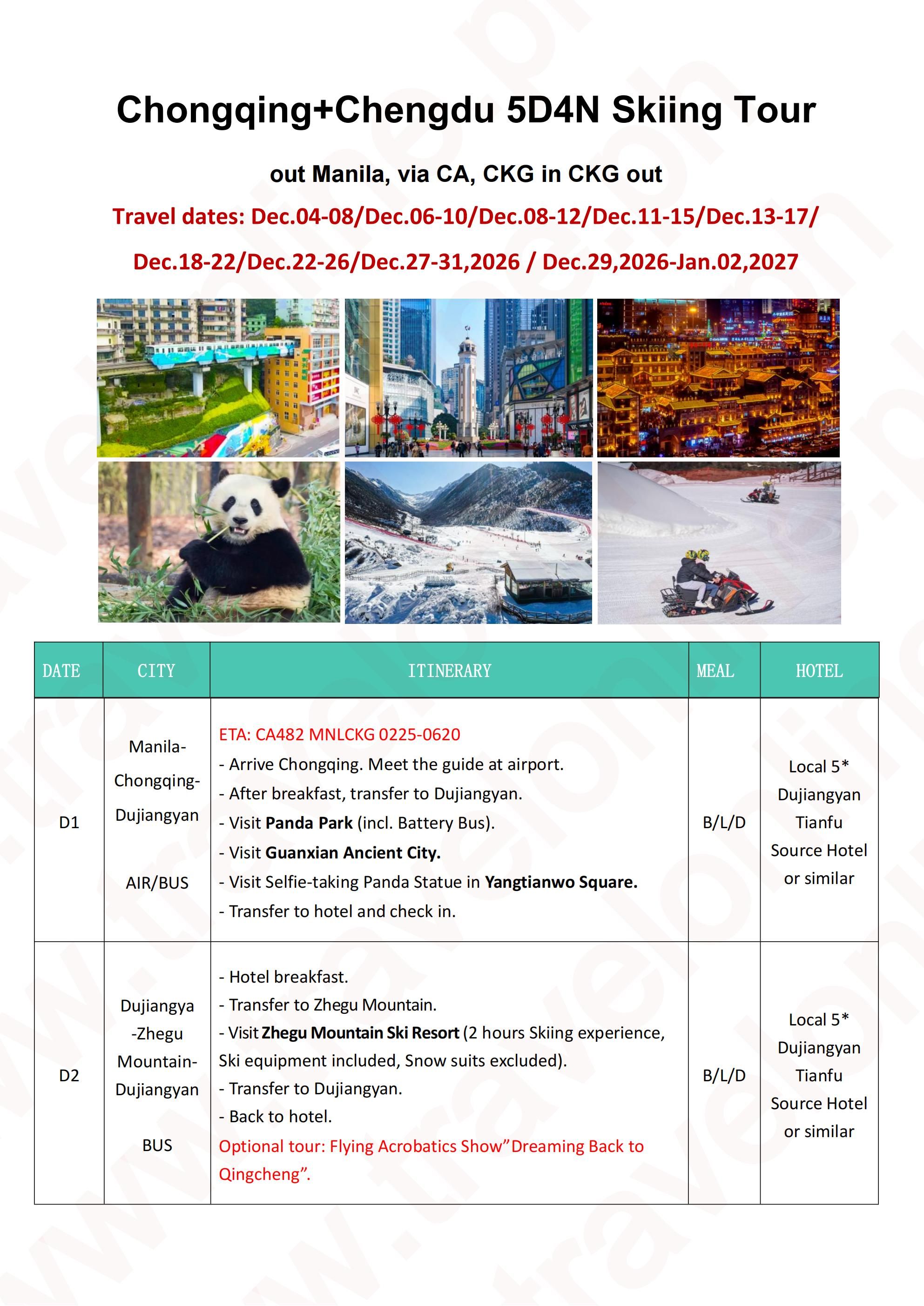 Chongqing+Chengdu 5D4N Skiing Tour: AS LOW AS $488/PAX itinerary