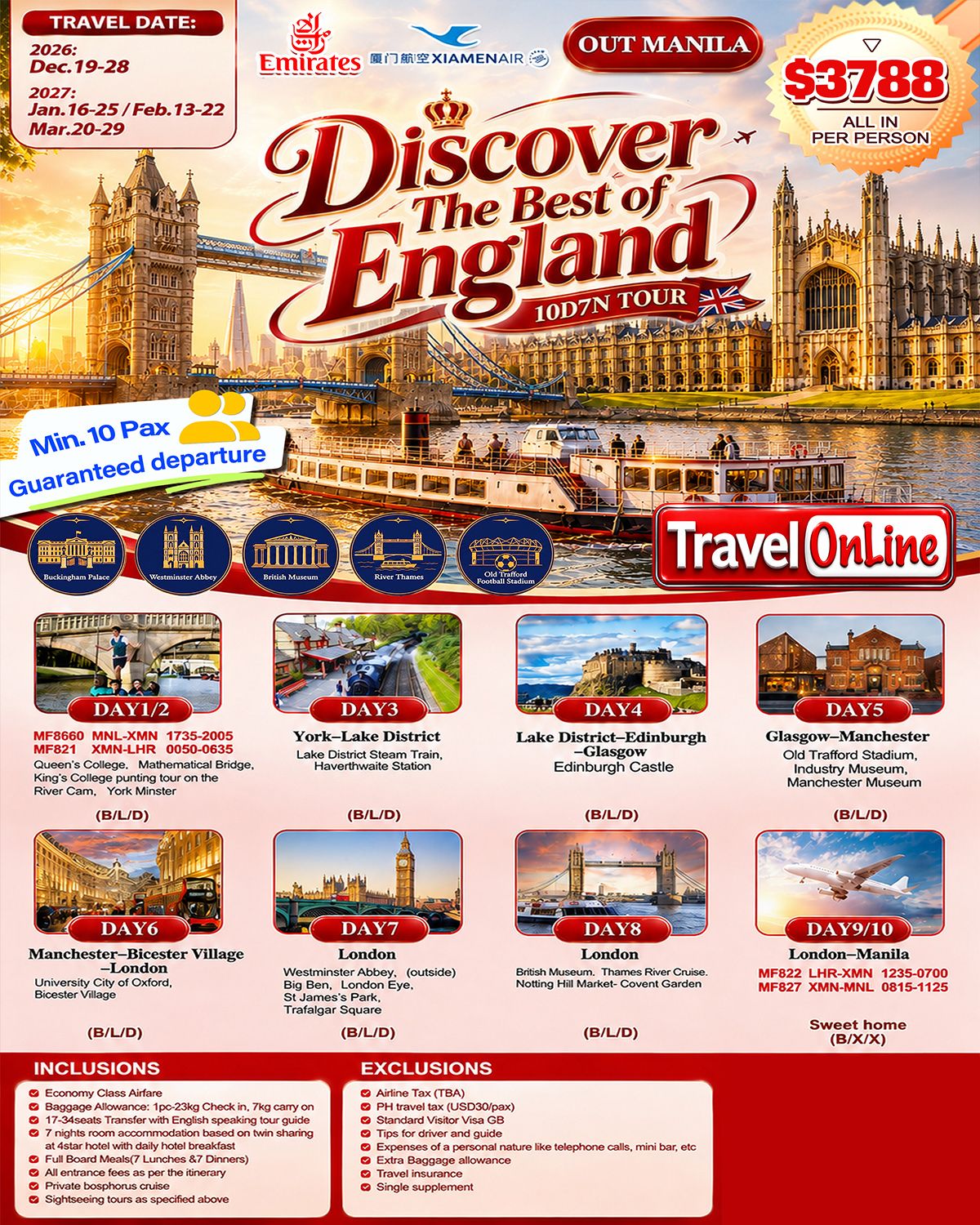 Discover the Best of England(Via Xiamen)10D7N ,2026-2027: AS LOW AS $3788/PAX promo image