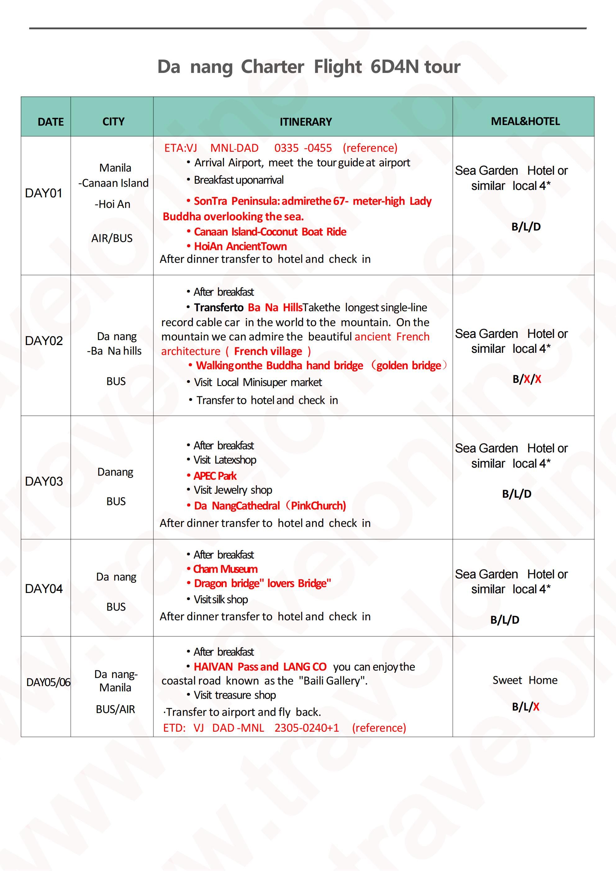 Manila-Danang-6D4N-Charter flight-VJ: AS LOW AS ₱24888/PAX itinerary