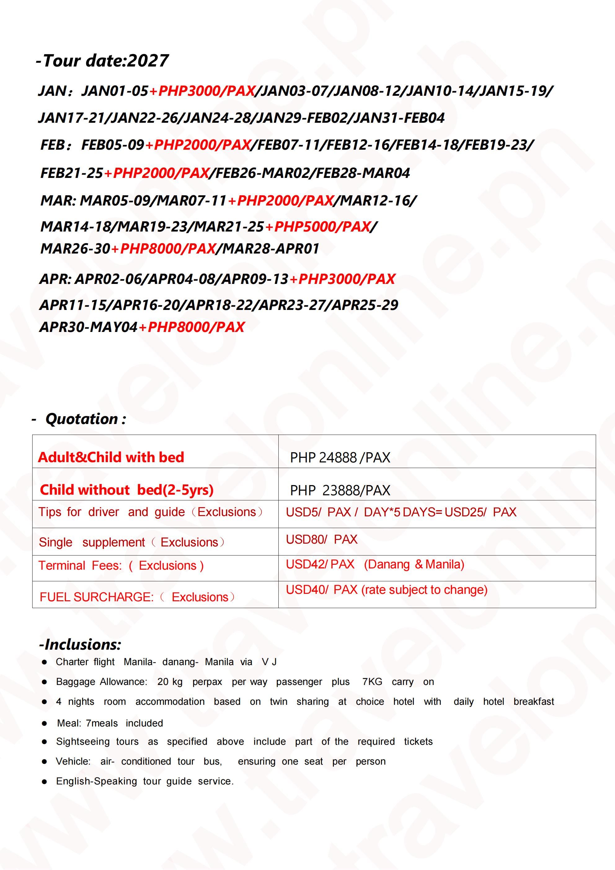 Manila-Danang-6D4N-Charter flight-VJ: AS LOW AS ₱24888/PAX itinerary