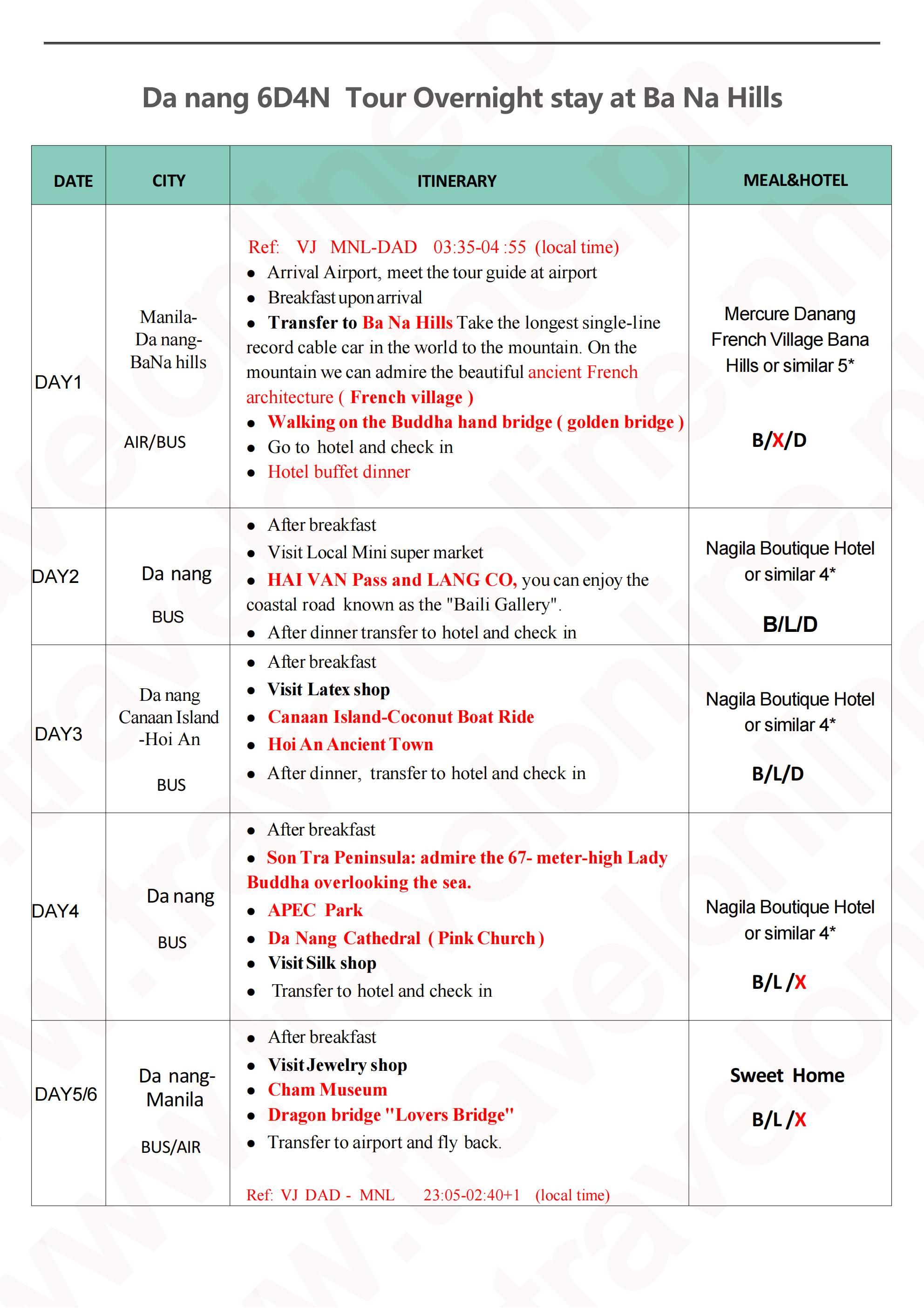 Manila-Da nang-6D4N-Overnight stay at Ba Na Hills: AS LOW AS ₱29888/PAX itinerary