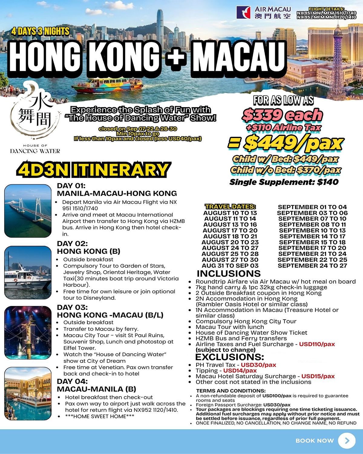 HONG KONG AND MACAU WITH HOUSE OF DANCING WATER: AS LOW AS $439/PAX promo image