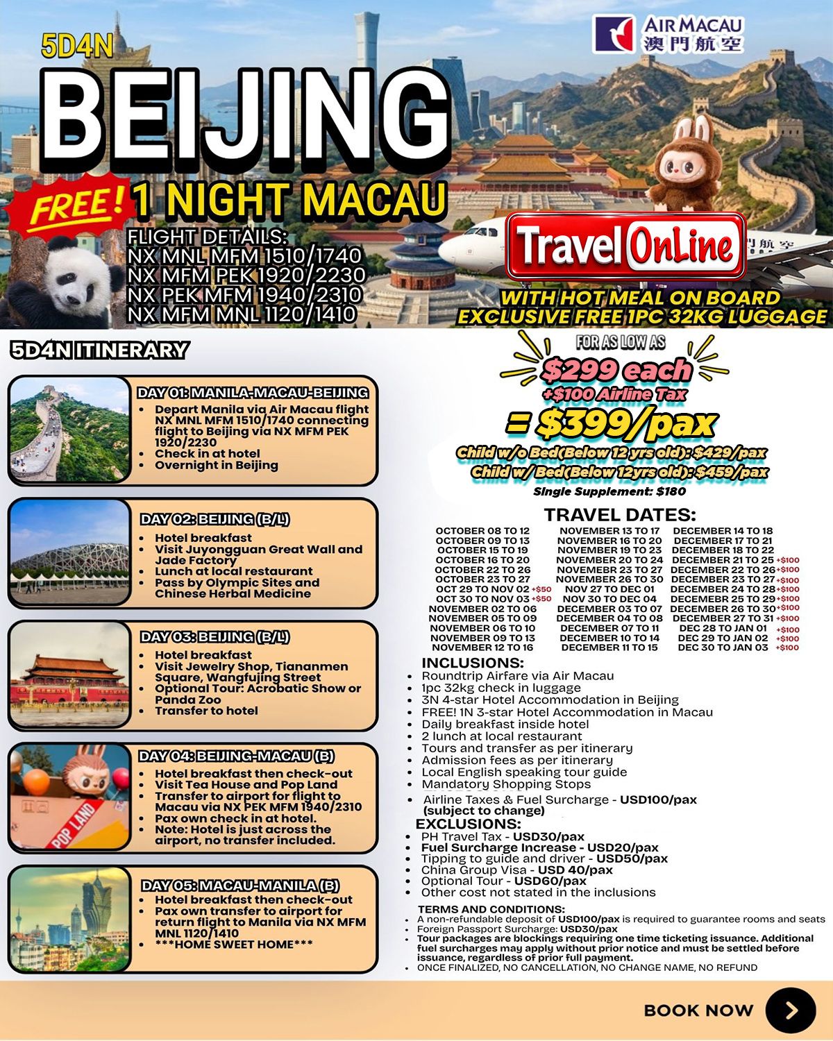 BEIJING MACAU 5 DAYS 4NIGHTS OCT TO DEC: AS LOW AS $399/PAX promo image