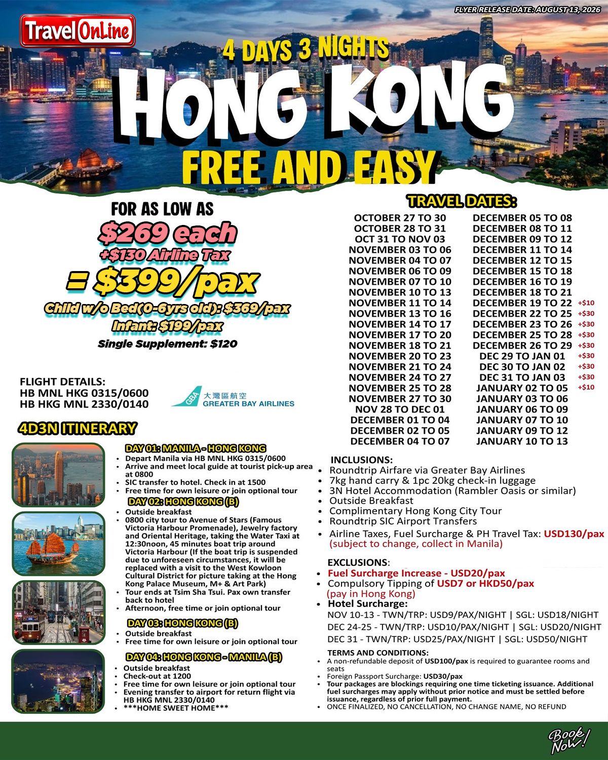 4D3N HONGKONG FREE AND EASY via GREATER BAY AIRLINES: AS LOW AS $399/PAX promo image
