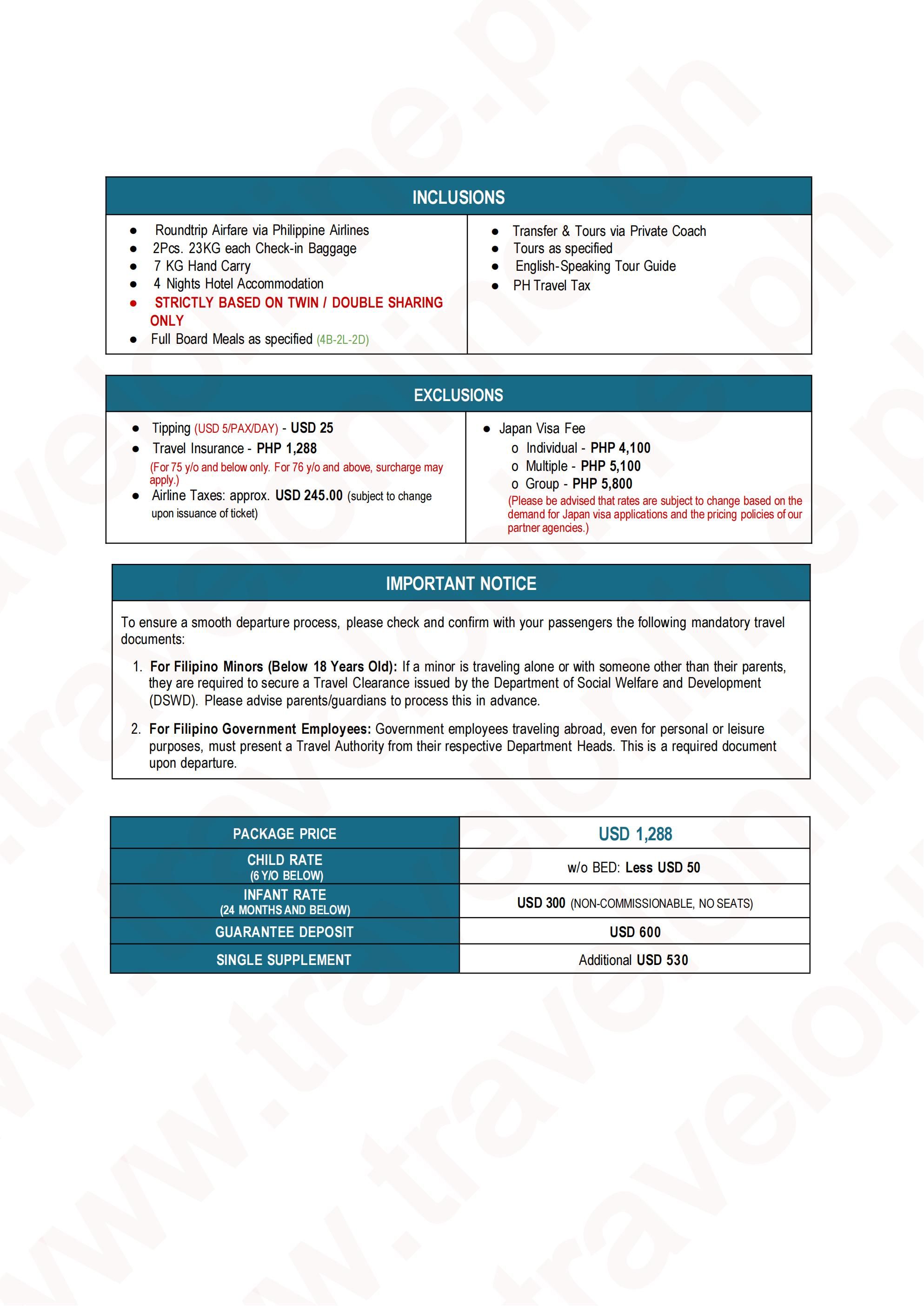 JAPAN (Memorable Japan_Tokyo or Osaka via PAL) 2027(via CEBU/via DAVAO) : AS LOW AS $1288/PAX itinerary