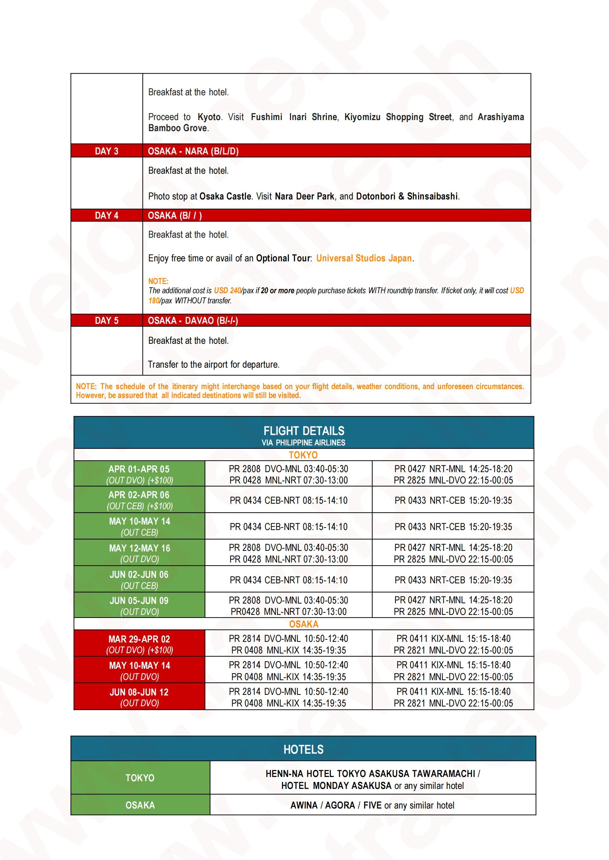 JAPAN (Memorable Japan_Tokyo or Osaka via PAL) 2027(via CEBU/via DAVAO) : AS LOW AS $1288/PAX itinerary