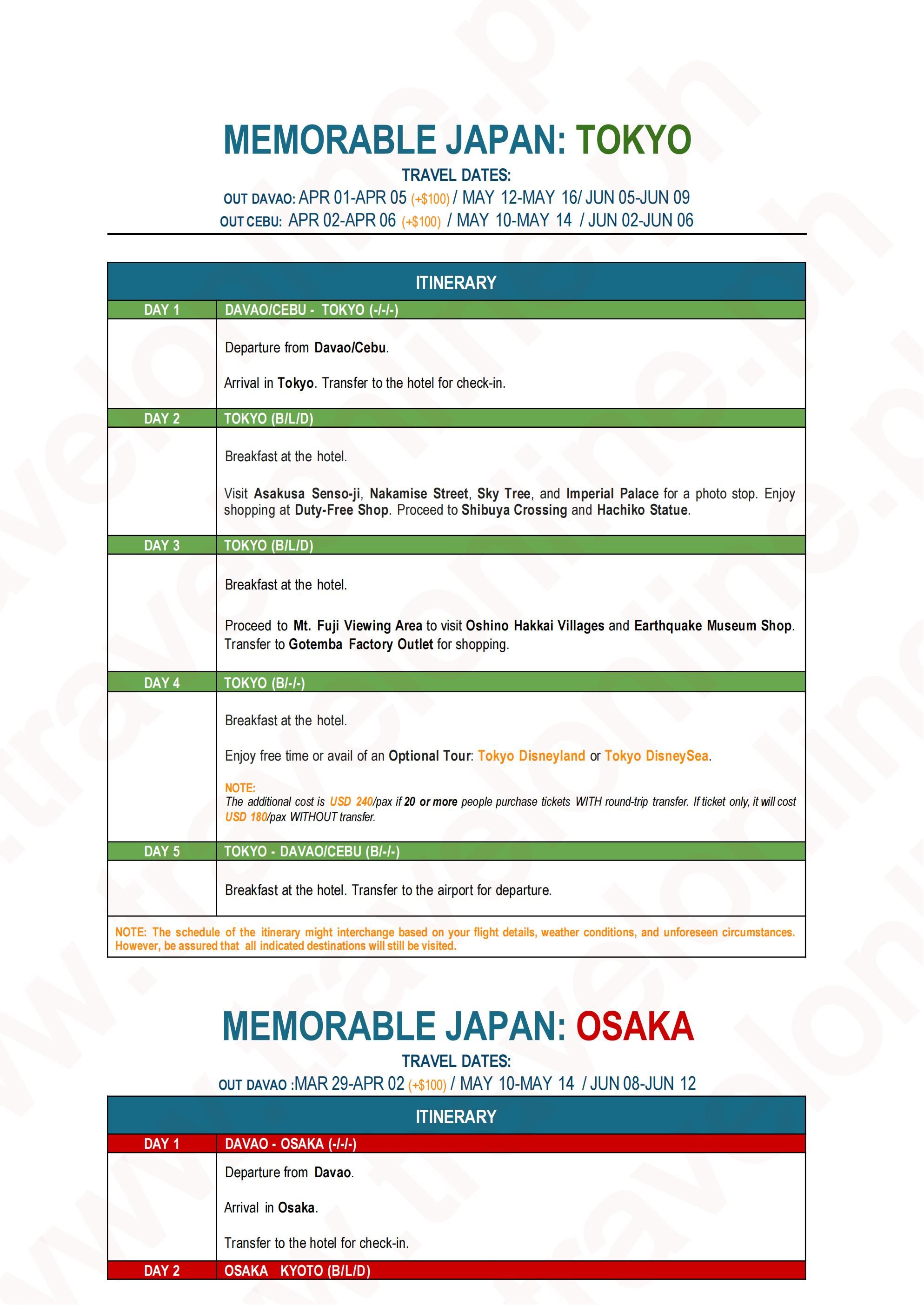 JAPAN (Memorable Japan_Tokyo or Osaka via PAL) 2027(via CEBU/via DAVAO) : AS LOW AS $1288/PAX itinerary