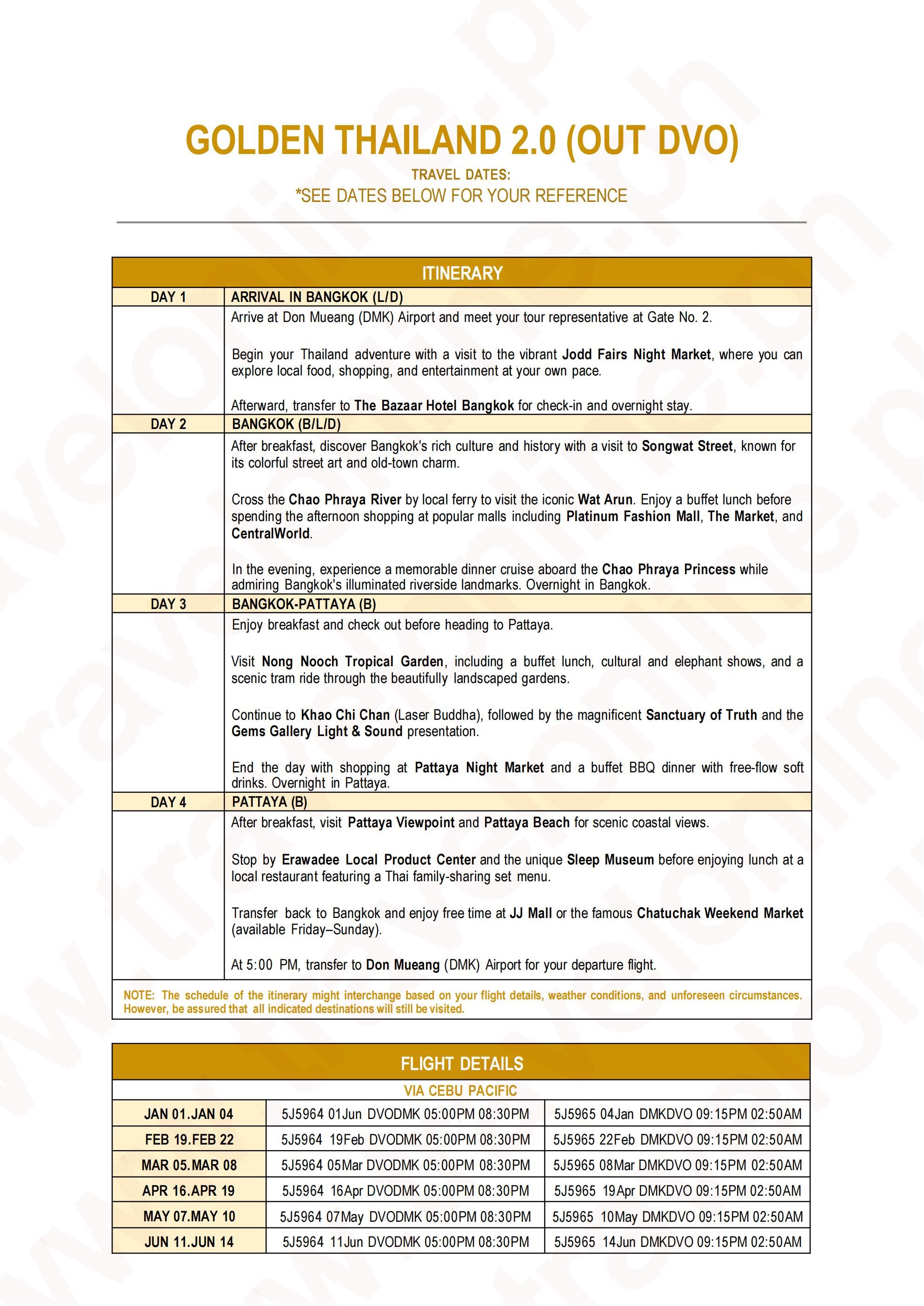 THAILAND (Golden Thailand) 2027(via DAVAO) : AS LOW AS ₱36888/PAX itinerary
