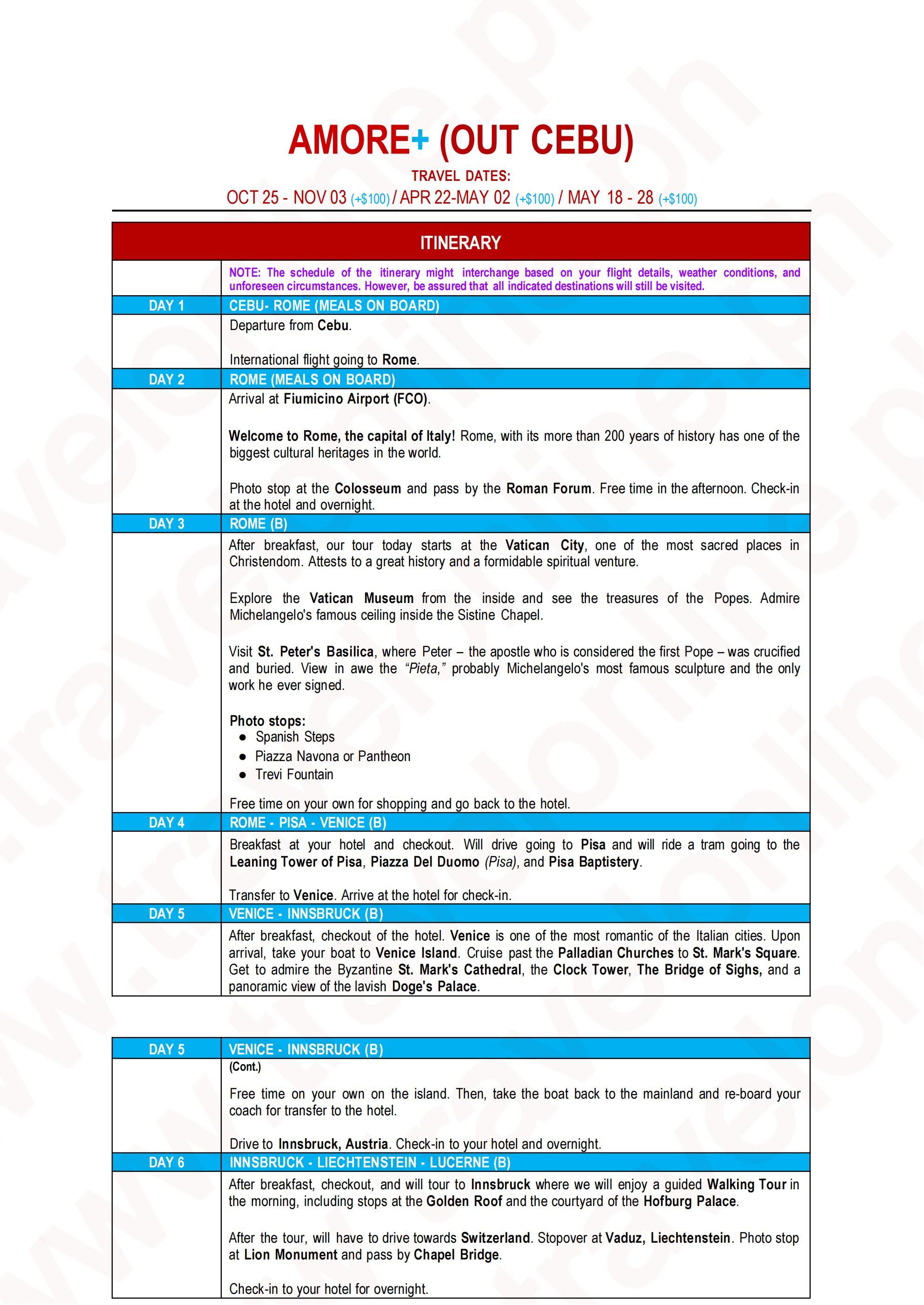 EUROPE (Amore+) 2026-2027(via CEBU) : AS LOW AS $2888/PAX itinerary