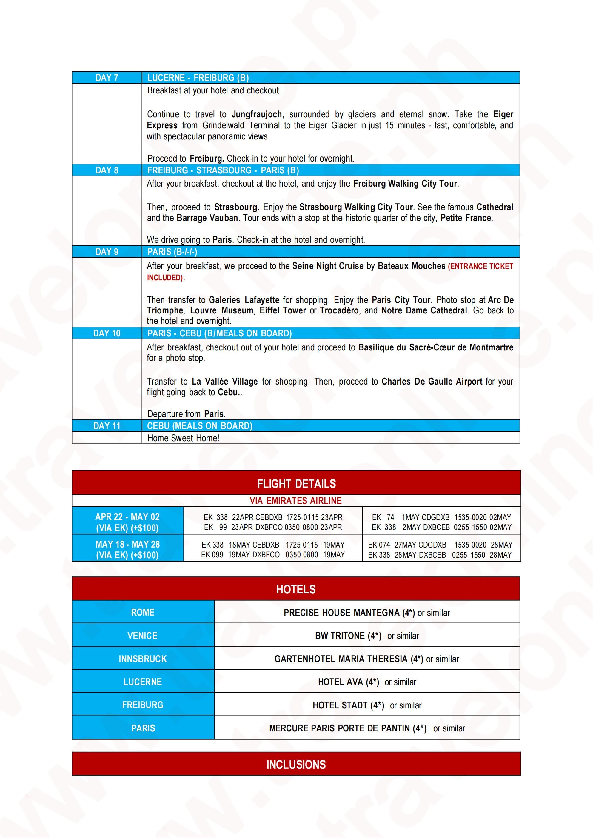 EUROPE (Amore+) 2026-2027(via CEBU) : AS LOW AS $2888/PAX itinerary