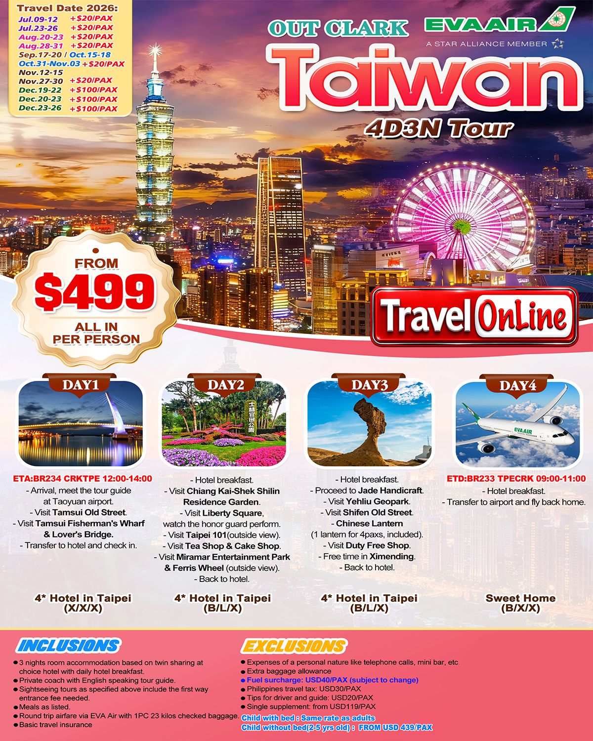 Taiwan 4D3N (BR), 2026 (via Clark) : AS LOW AS $499/PAX promo image