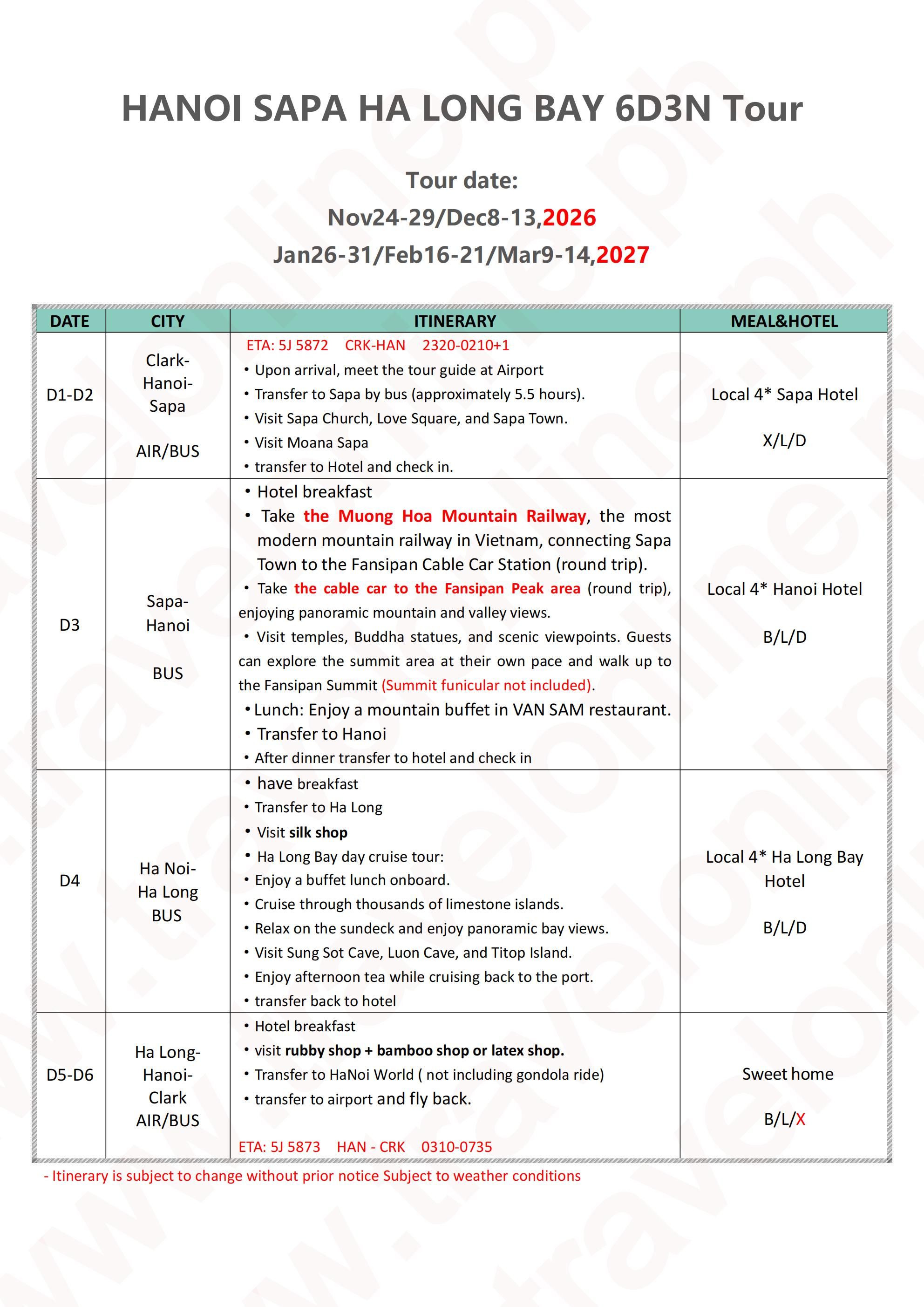 Hanoi Sapa Ha Long Bay 6D3N Tour(via CLARK) : AS LOW AS ₱28888/PAX itinerary