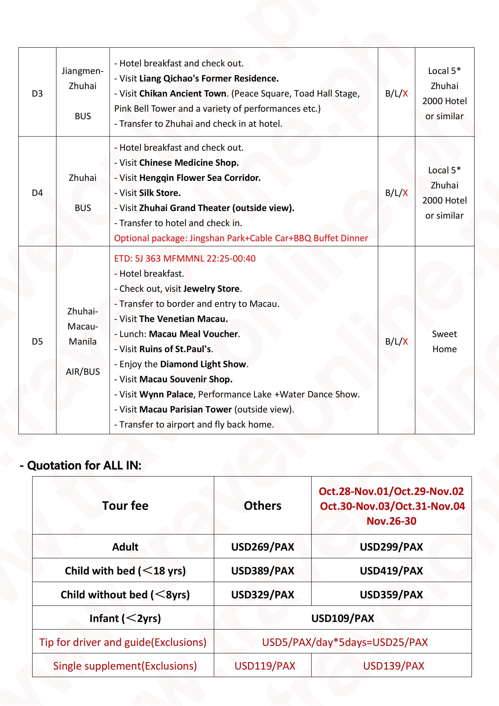 Macau+Chikan+Canton+Zhongshan+Zhuhai 5D4N, 2026 : AS LOW AS $269/PAX itinerary