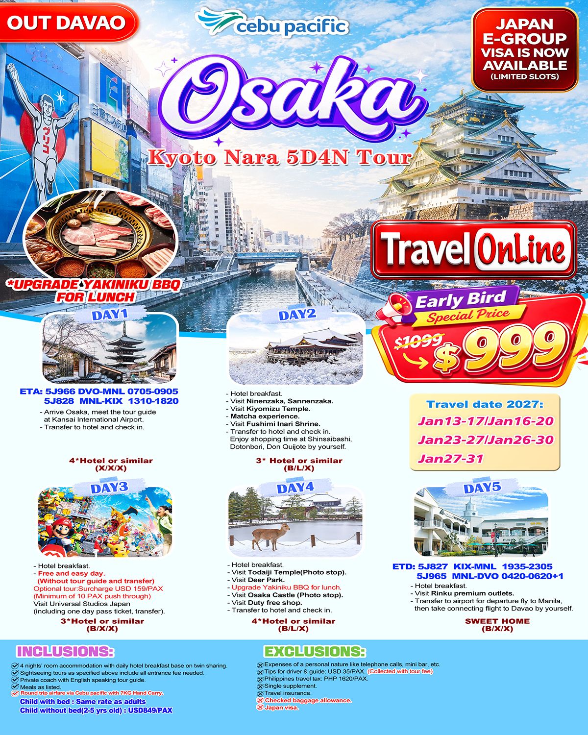 Osaka+Kyoto+Nara 5D4N 2027 via CEBU PACIFIC(via DAVAO) : AS LOW AS $999/PAX promo image