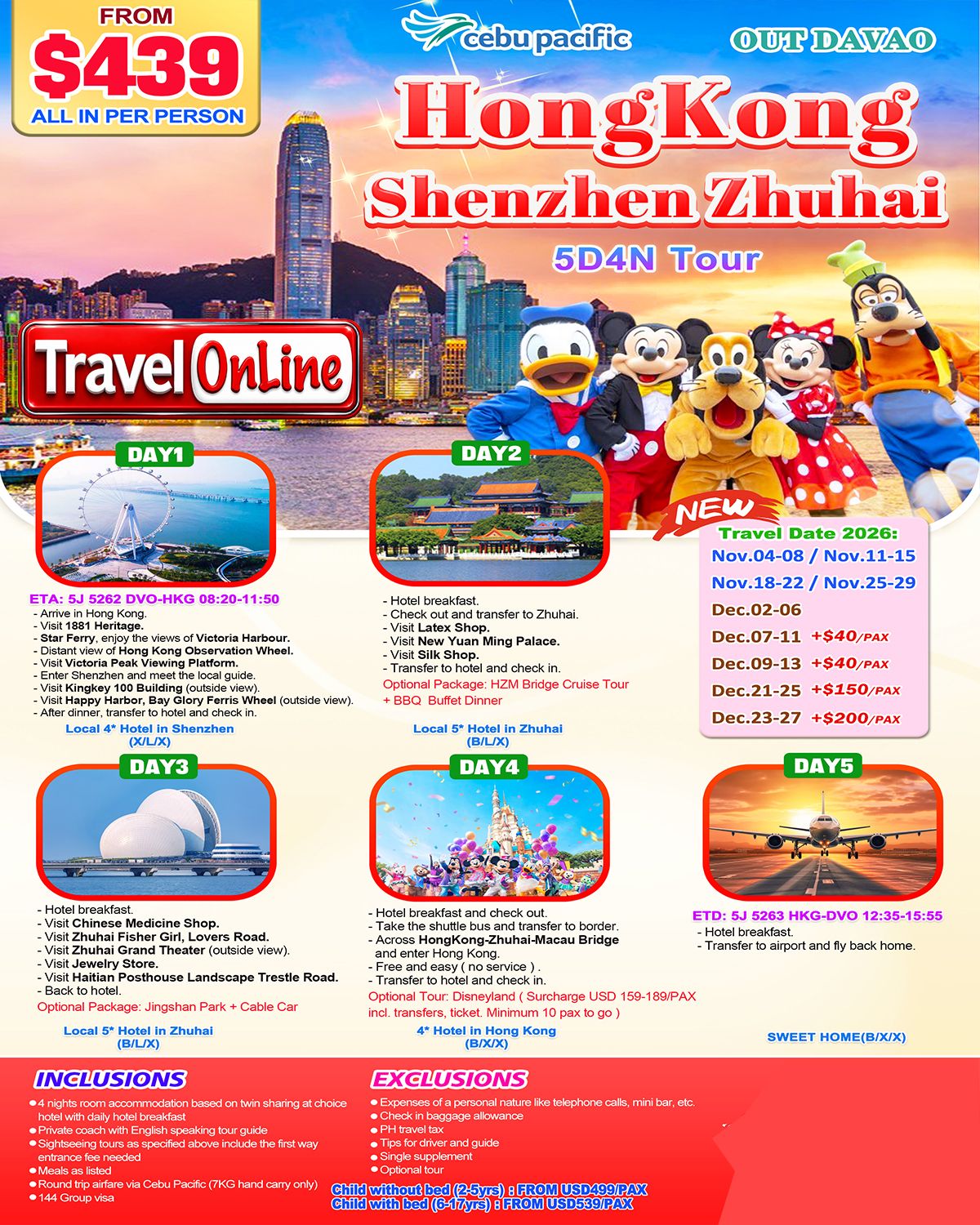 HongKong+Shenzhen+Zhuhai+Disneyland 5 DAYS 4 NIGHTS, 2026 (via DAVAO) : AS LOW AS $439/PAX promo image