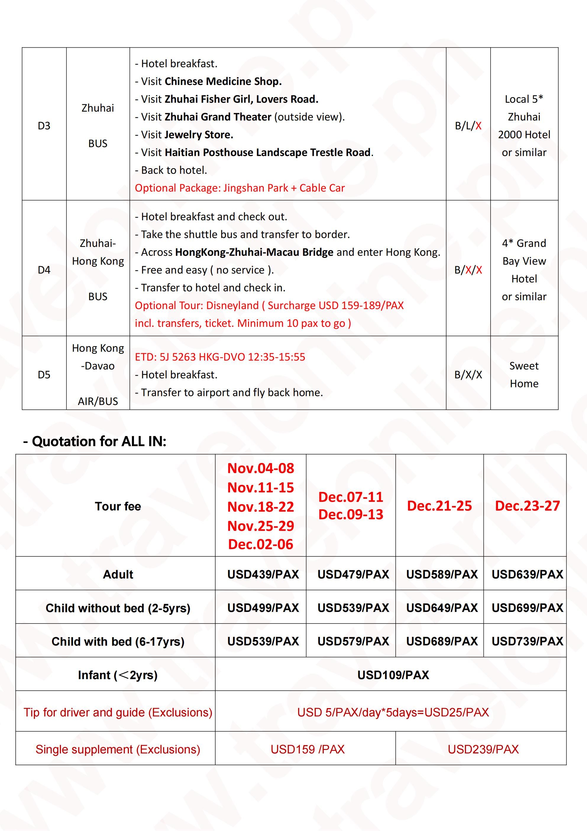 HongKong+Shenzhen+Zhuhai+Disneyland 5 DAYS 4 NIGHTS, 2026 (via DAVAO) : AS LOW AS $439/PAX itinerary