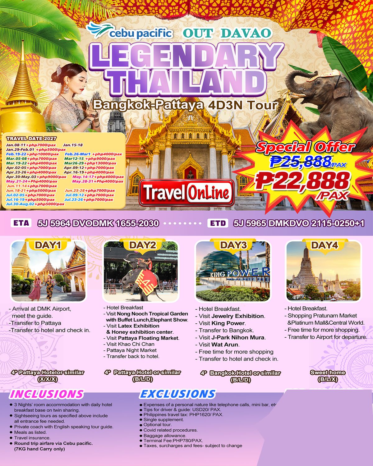 Bangkok-Pattaya 4DAYS 3NIGHTS ,Thailand(via DAVAO): AS LOW AS ₱22888/PAX promo image