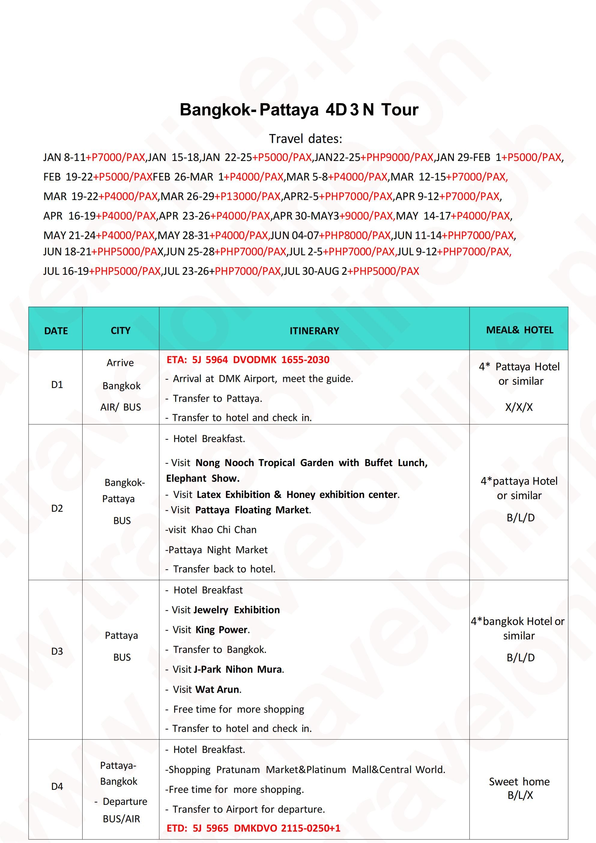 Bangkok-Pattaya 4DAYS 3NIGHTS ,Thailand(via DAVAO): AS LOW AS ₱22888/PAX itinerary