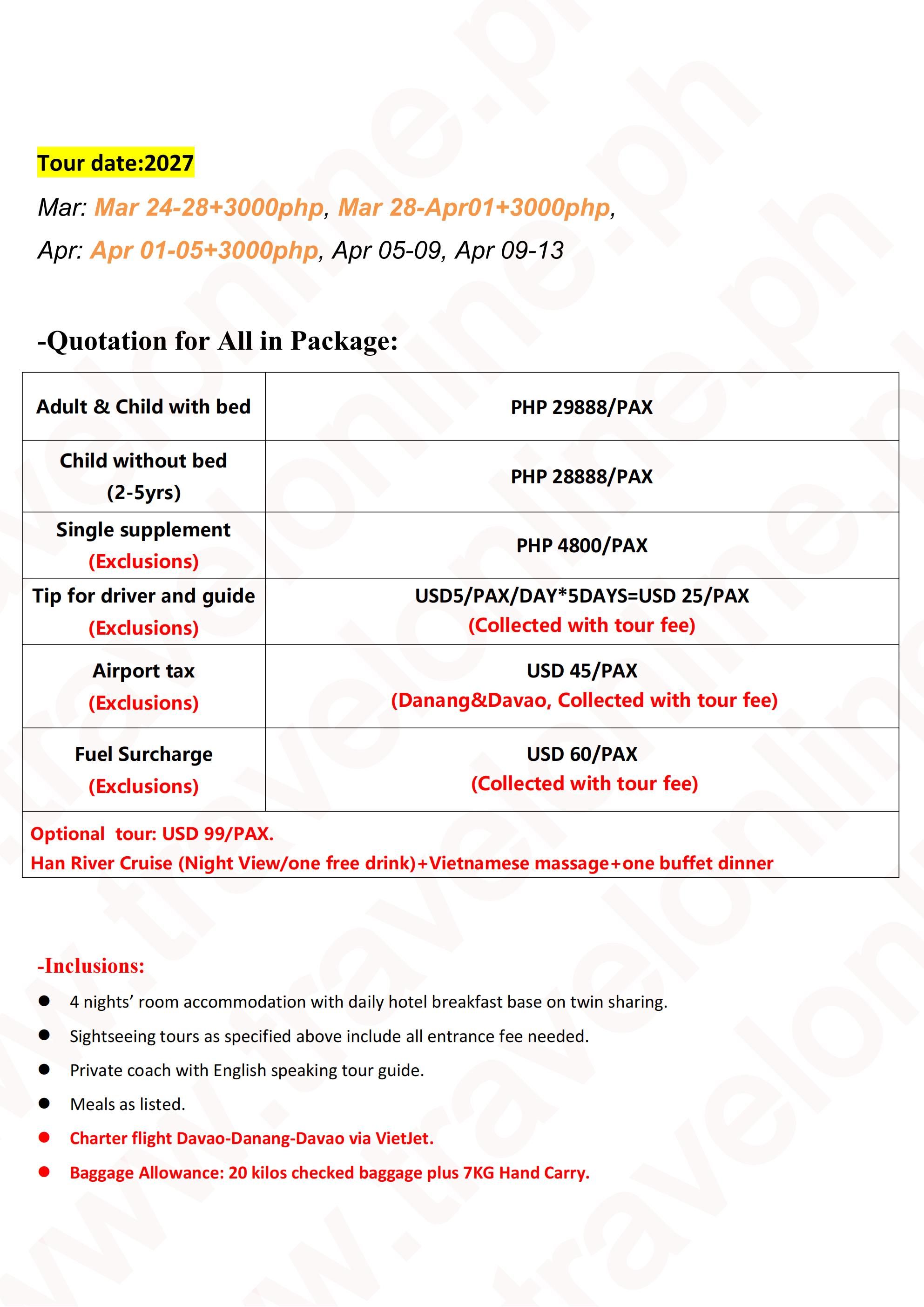 Da nang Charter Flight 5DAYS 4NIGHTS(via DAVAO) : AS LOW AS ₱29888/PAX itinerary