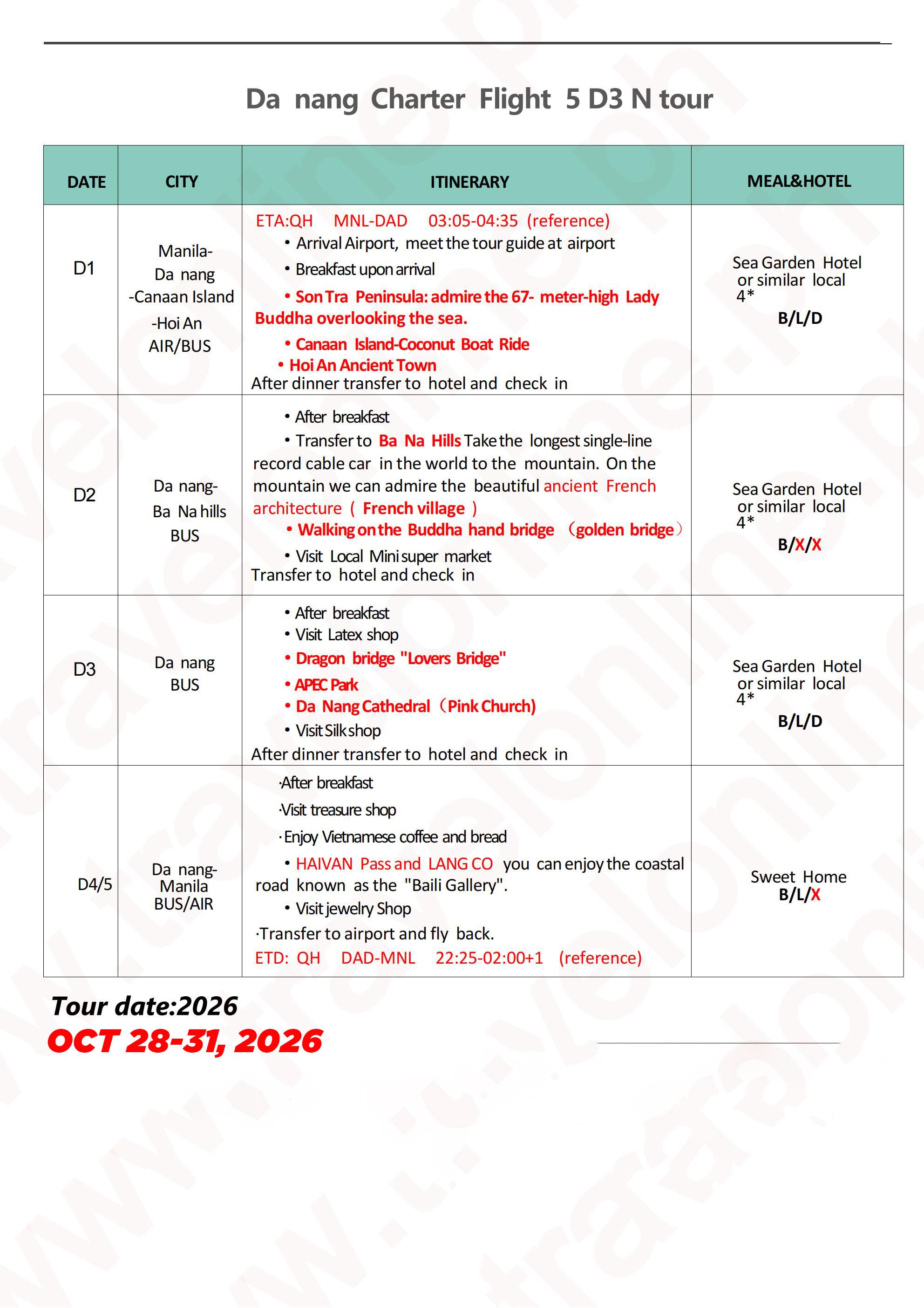 Manila-Danang-5D3N-Charter flight: AS LOW AS ₱19888/PAX itinerary