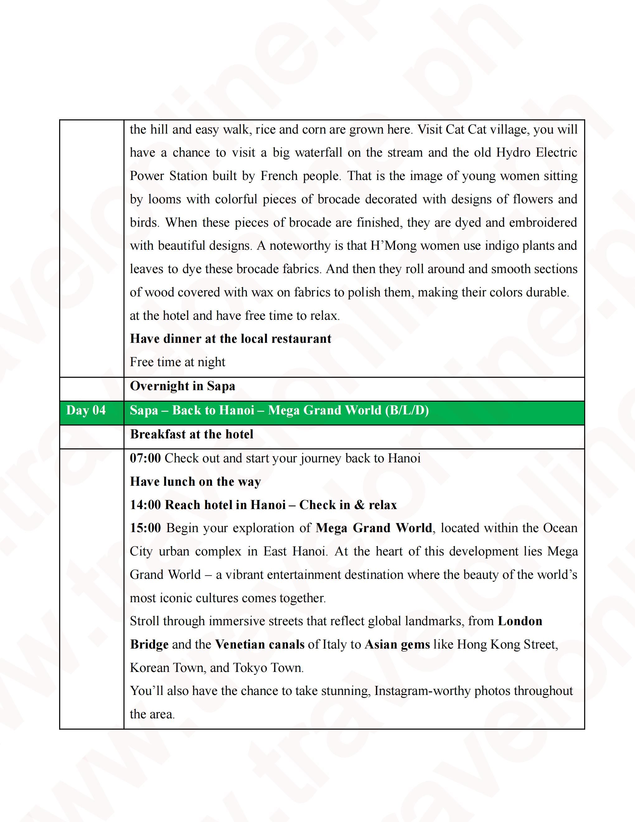 HANOI SAPA 4 DAYS 3 NIGHTS via CEBU PACIFIC (via CLARK) : AS LOW AS ₱35800/PAX itinerary