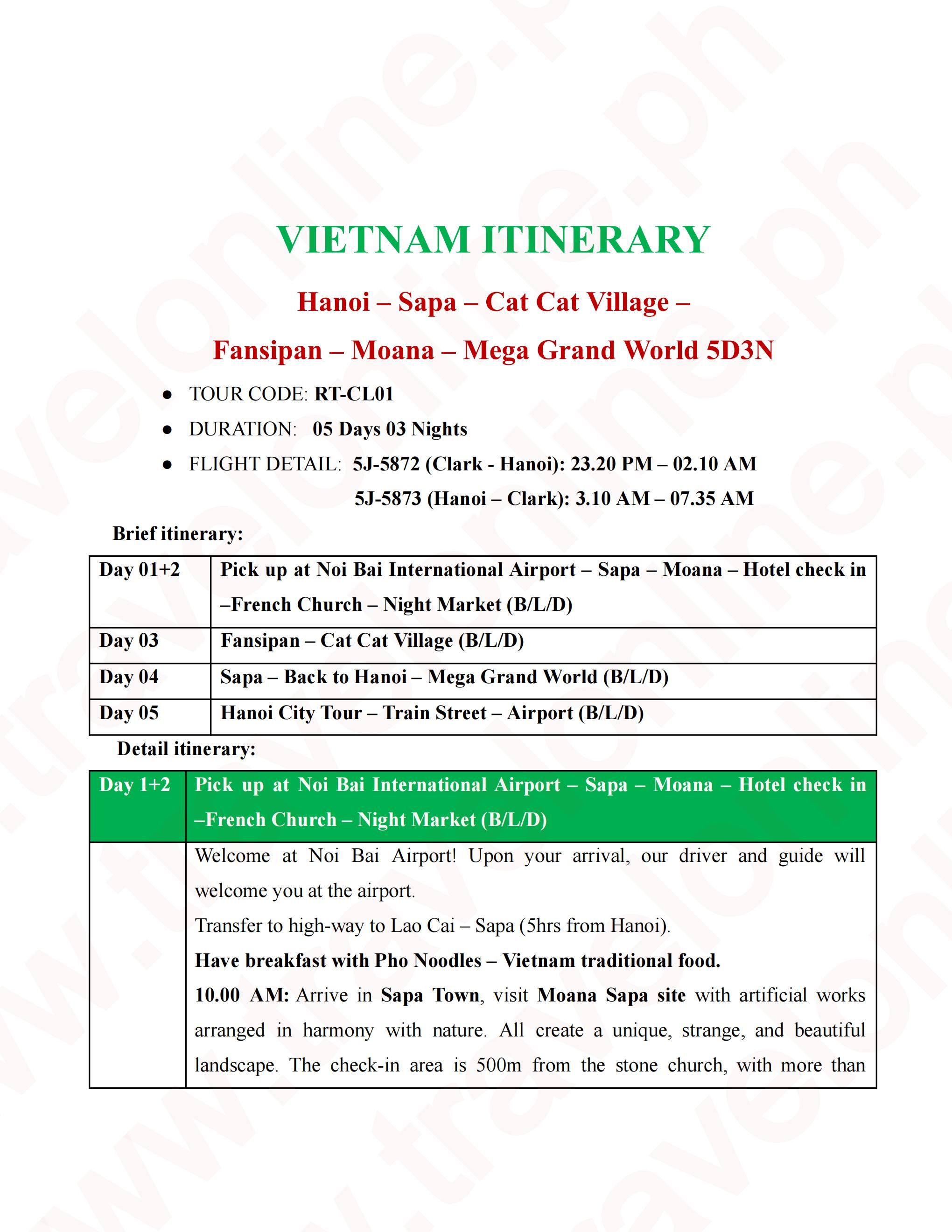 HANOI SAPA 4 DAYS 3 NIGHTS via CEBU PACIFIC (via CLARK) : AS LOW AS ₱35800/PAX itinerary