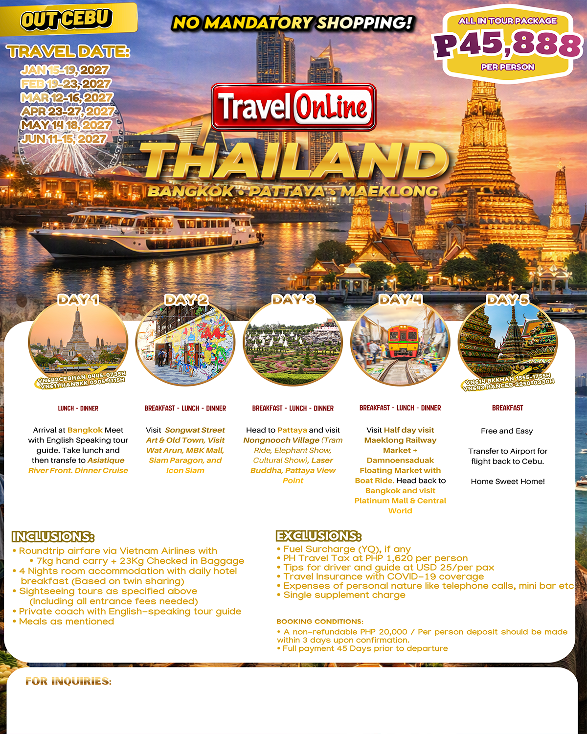 CEBU-THAILAND-5 DAYS 4 NIGHTS (via CEBU) : AS LOW AS ₱45888/PAX promo image