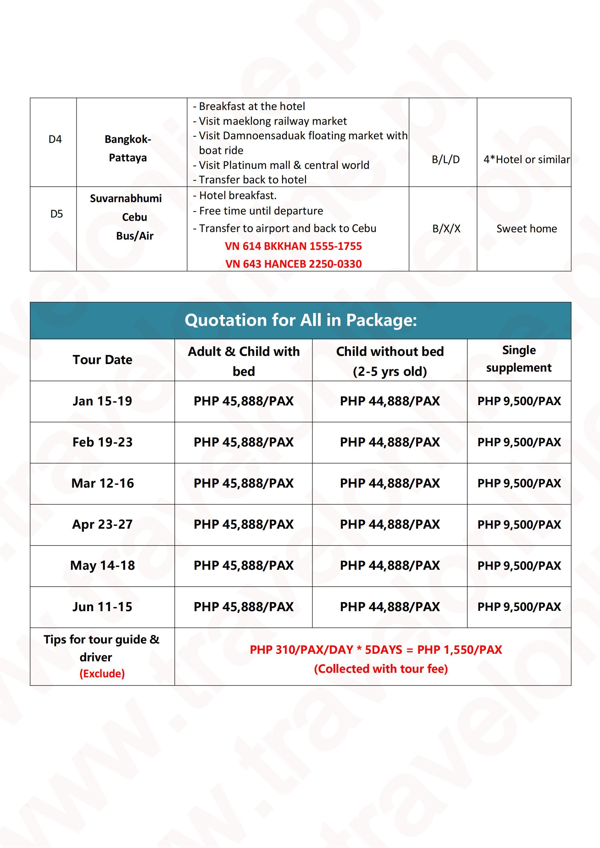 CEBU-THAILAND-5 DAYS 4 NIGHTS (via CEBU) : AS LOW AS ₱45888/PAX itinerary
