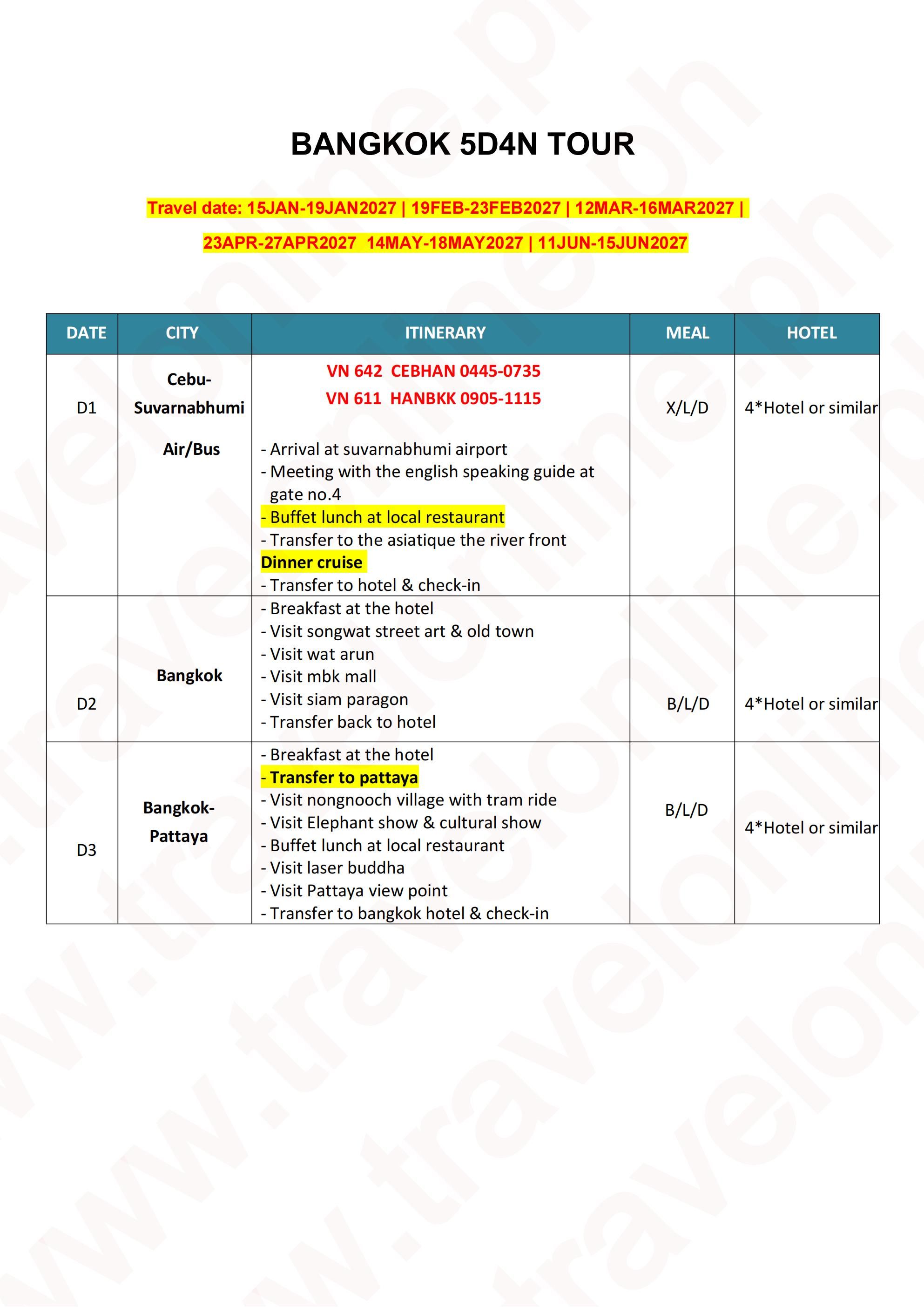 CEBU-THAILAND-5 DAYS 4 NIGHTS (via CEBU) : AS LOW AS ₱45888/PAX itinerary