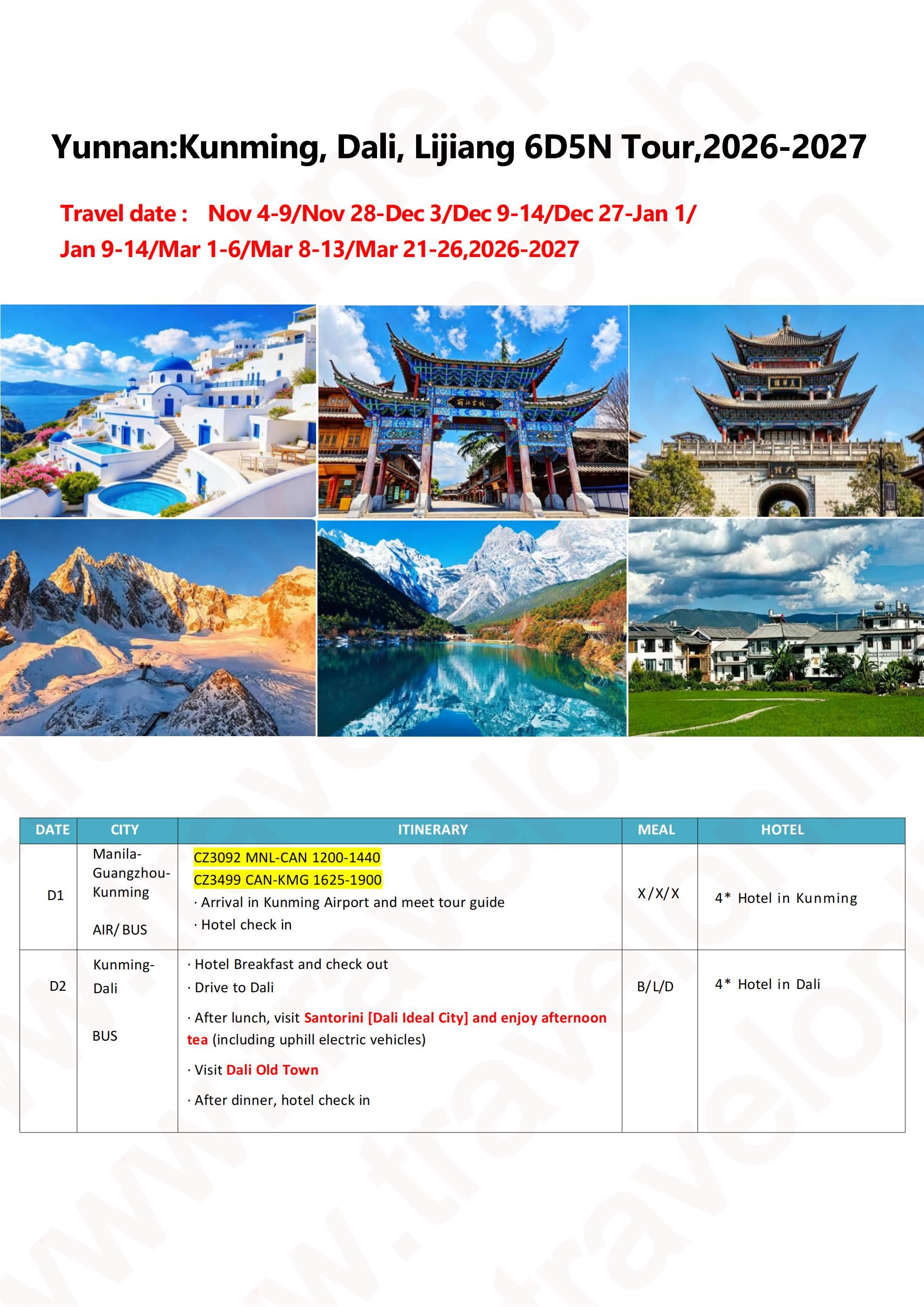 Yunnan（Kunming-Dali-Lijiang)6 DAYS 5 NIGHTS : AS LOW AS $799/PAX itinerary