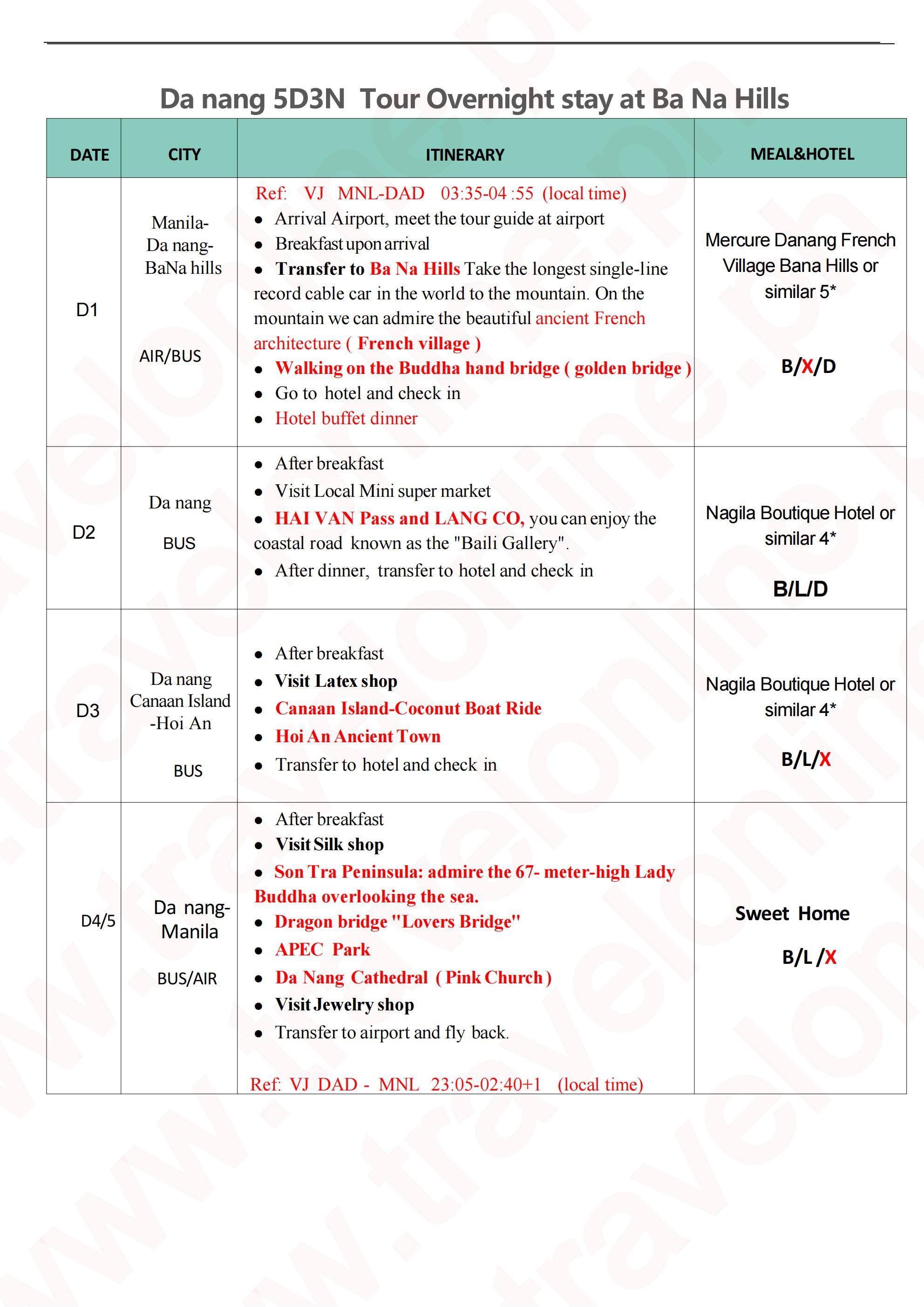 DA NANG BANA HILLS HOI AN HAI VAN PASS VIETNAM 5 DAYS 3 NIGHTS JOINER GROUP TOUR FROM MANILA PHILIPPINES AS LOW AS: ₱27888/PAX - TRAVELONLINE itinerary