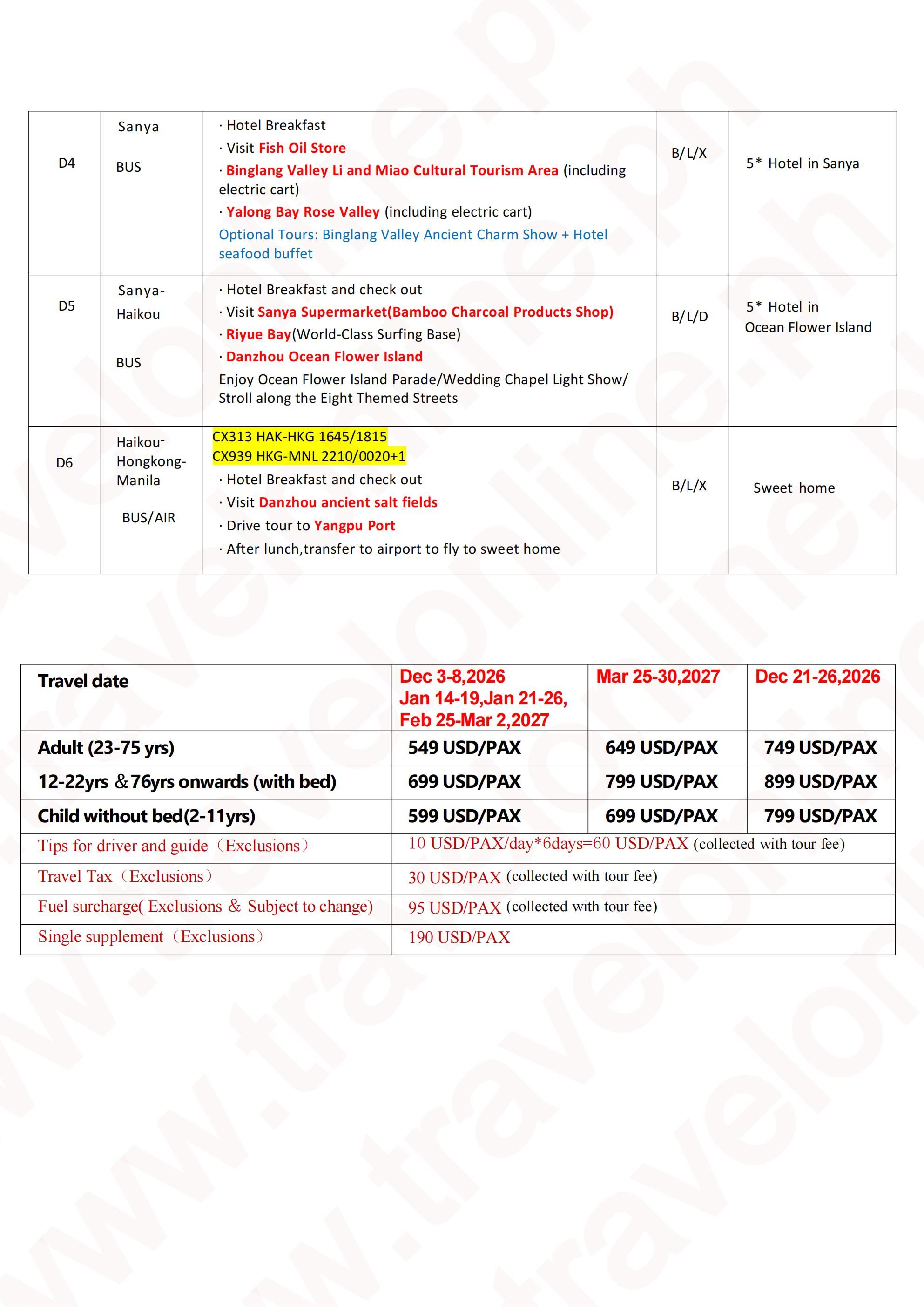 PARADISE HAINAN HAIKOU SANYA 6D5N JOINER GROUP TOUR FROM MANILA PHILIPPINES AS LOW AS: $549/PAX - TRAVELONLINE itinerary