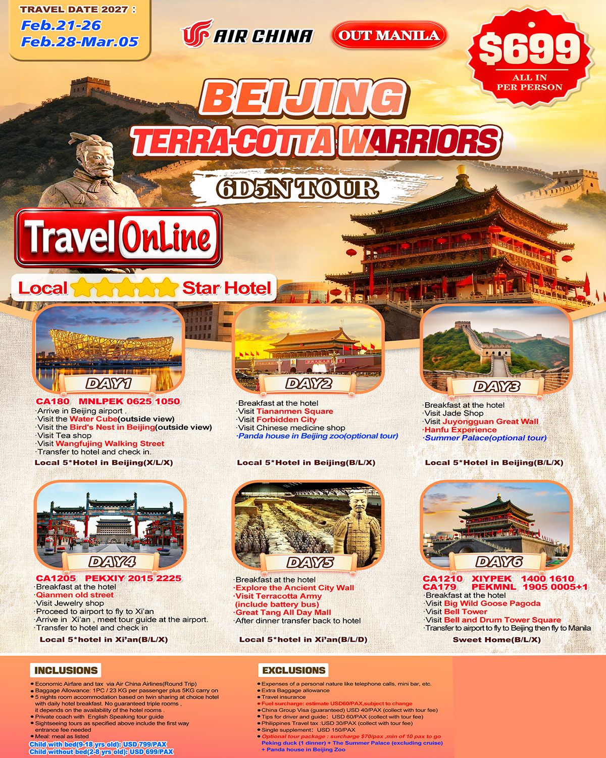 CHINA BEIJING TERRA COTTA WARRIORS 6 DAYS 5 NIGHTS ALL IN JOINER GROUP TOUR PACKAGE FROM MANILA PHILIPPINES - AS LOW AS: $699/PAX - TRAVELONLINE promo image