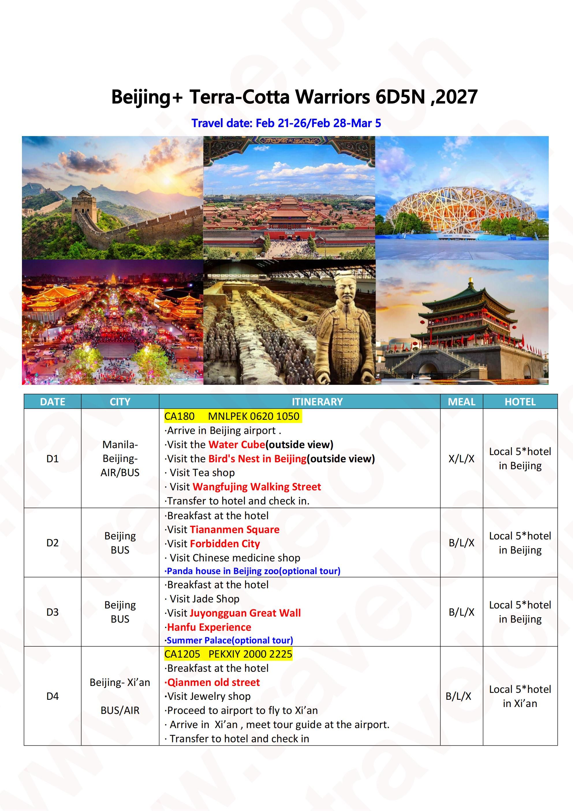 CHINA BEIJING TERRA COTTA WARRIORS 6 DAYS 5 NIGHTS ALL IN JOINER GROUP TOUR PACKAGE FROM MANILA PHILIPPINES - AS LOW AS: $699/PAX - TRAVELONLINE itinerary
