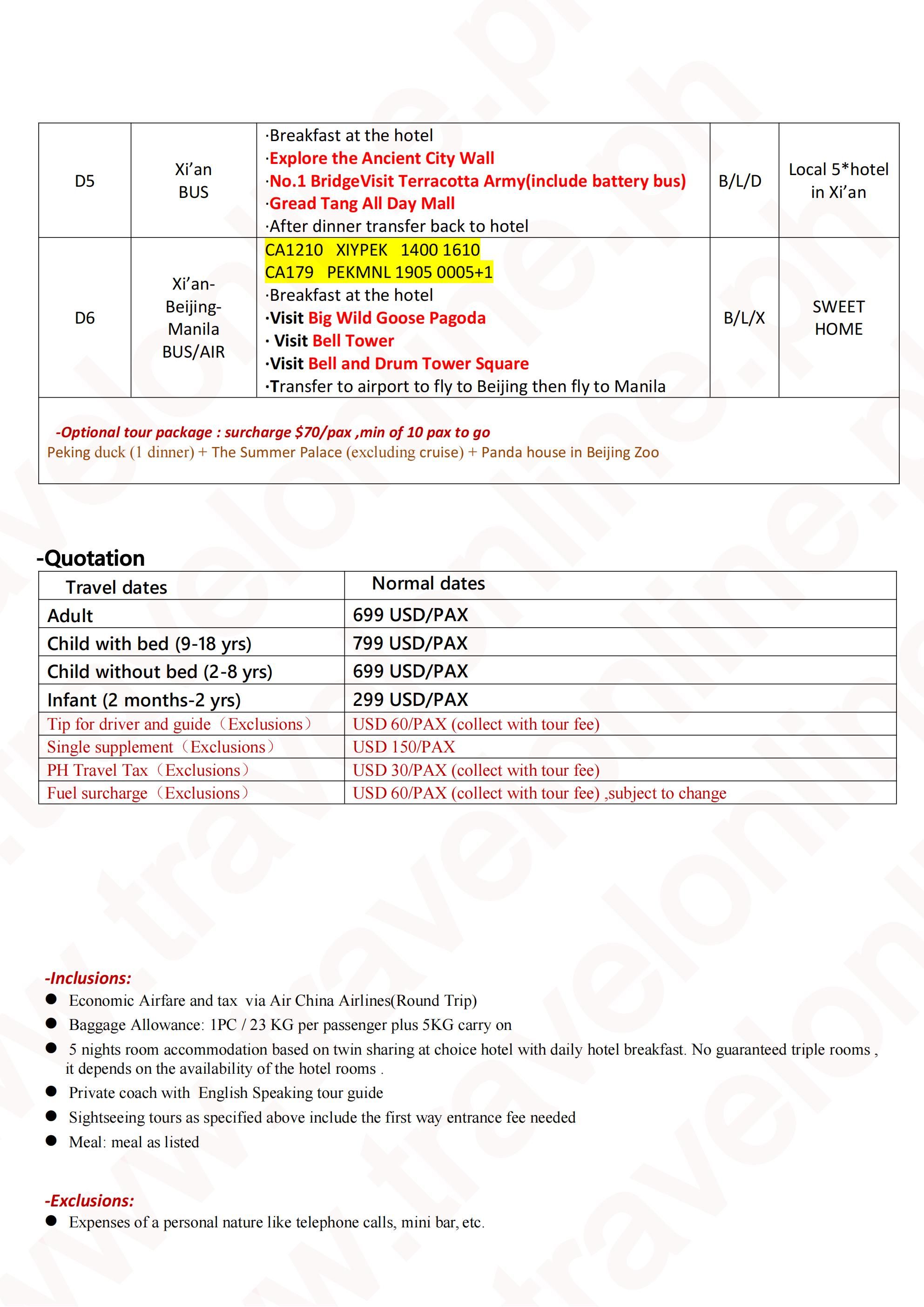 CHINA BEIJING TERRA COTTA WARRIORS 6 DAYS 5 NIGHTS ALL IN JOINER GROUP TOUR PACKAGE FROM MANILA PHILIPPINES - AS LOW AS: $699/PAX - TRAVELONLINE itinerary