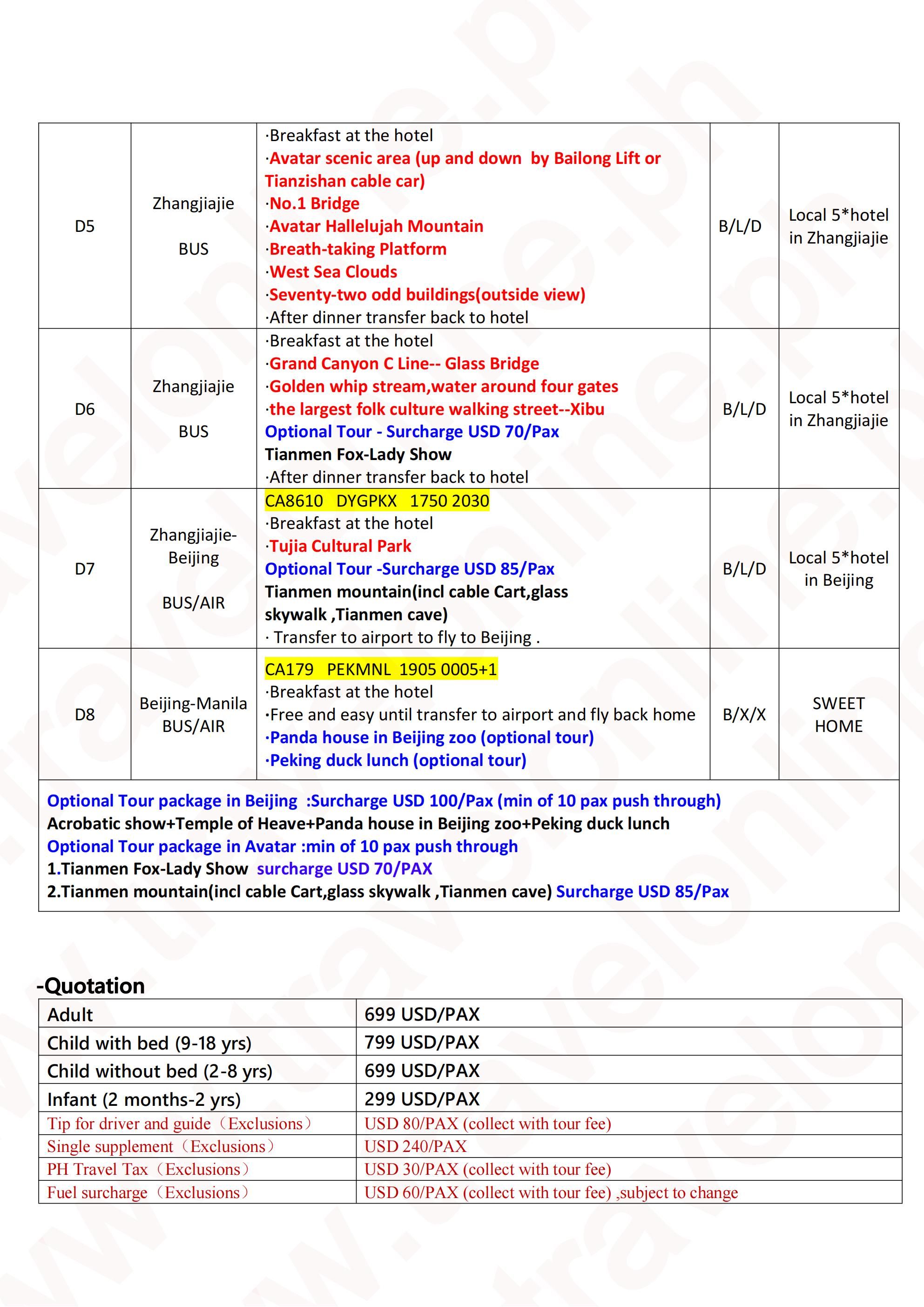 CHINA AVATAR BEIJING 8 DAYS 7 NIGHTS ALL IN JOINER GROUP TOUR PACKAGE FROM MANILA PHILIPPINES - AS LOW AS: $699/PAX - TRAVELONLINE itinerary