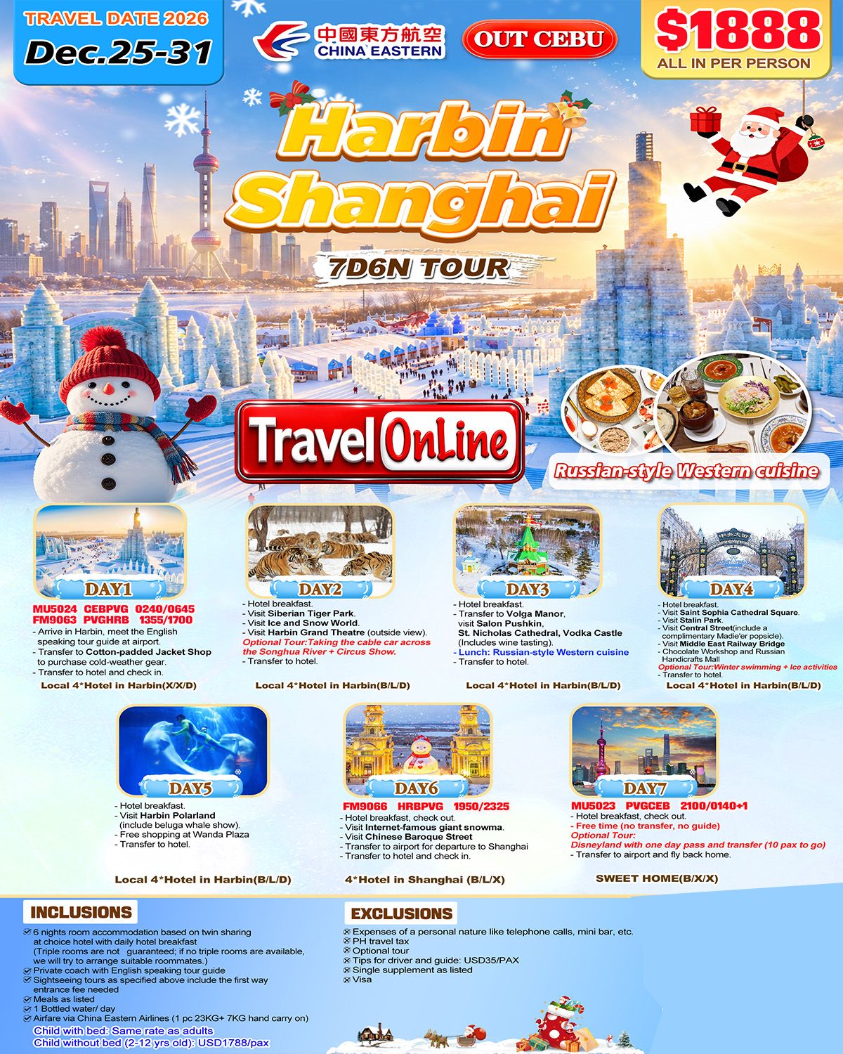 CHINA HARBIN SHANGHAI 7 DAYS 6 NIGHTS ALL IN JOINER GROUP TOUR PACKAGE FROM CEBU PHILIPPINES - AS LOW AS: $1888/PAX - TRAVELONLINE promo image