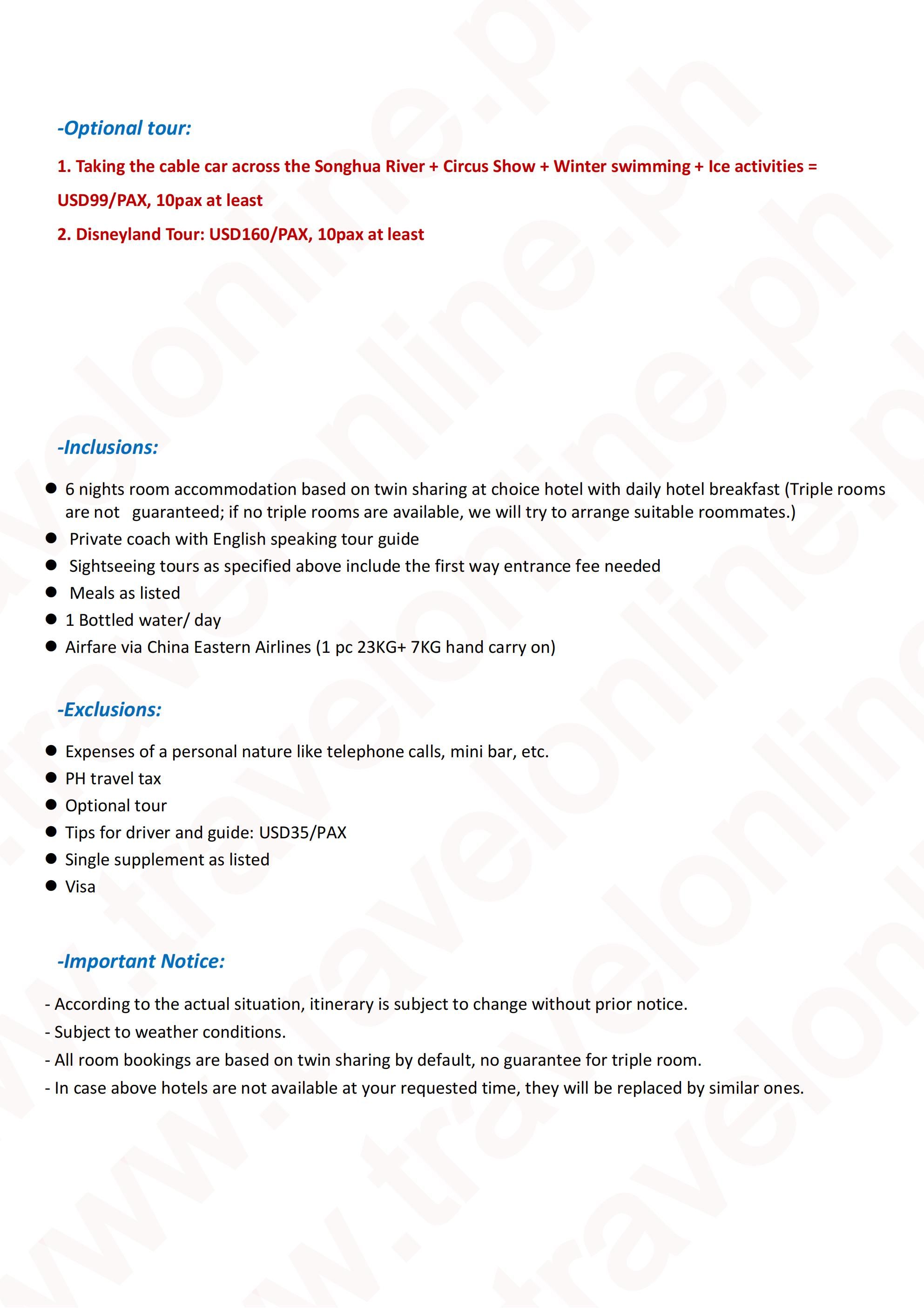 CHINA HARBIN SHANGHAI 7 DAYS 6 NIGHTS ALL IN JOINER GROUP TOUR PACKAGE FROM CEBU PHILIPPINES - AS LOW AS: $1888/PAX - TRAVELONLINE itinerary