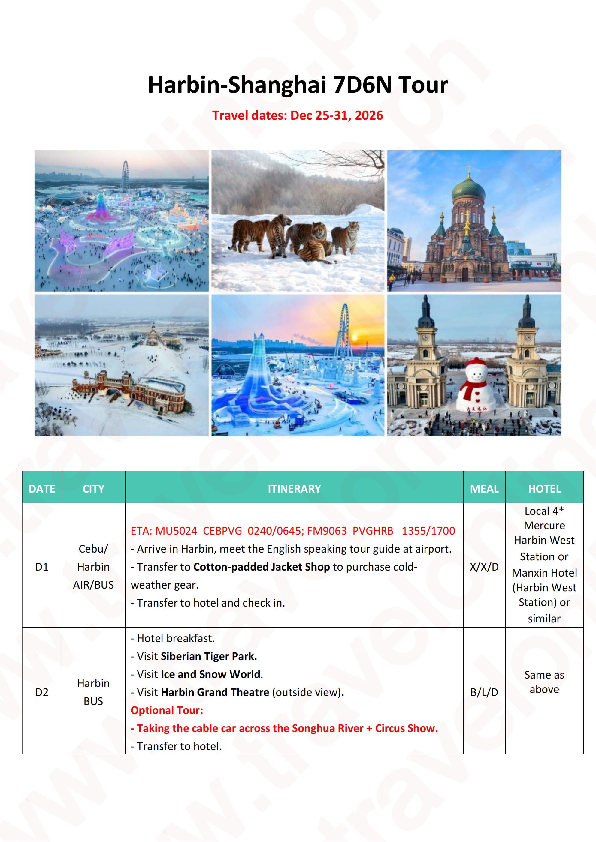 CHINA HARBIN SHANGHAI 7 DAYS 6 NIGHTS ALL IN JOINER GROUP TOUR PACKAGE FROM CEBU PHILIPPINES - AS LOW AS: $1888/PAX - TRAVELONLINE itinerary